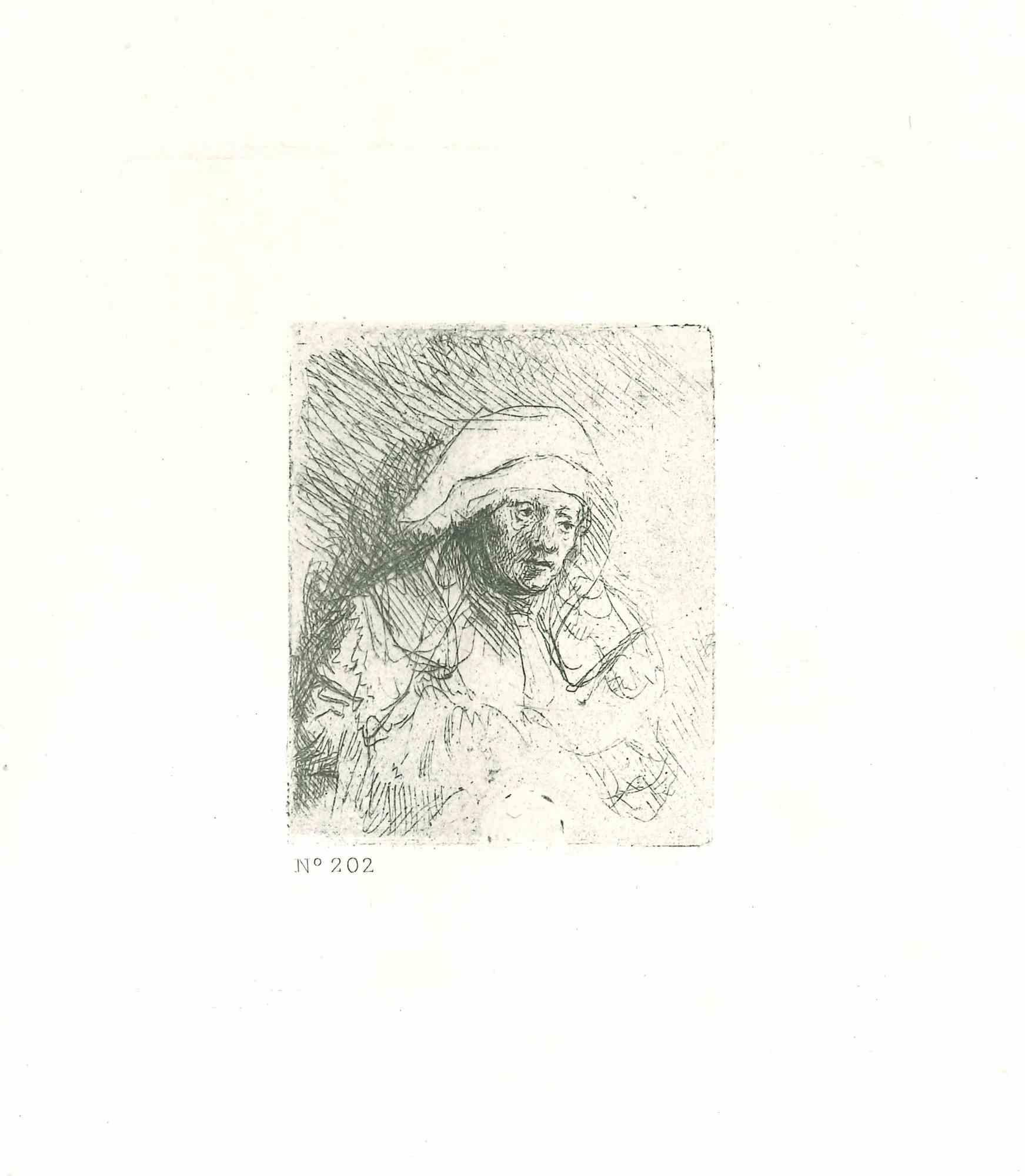 Charles Amand Durand Portrait Print – Sick Woman with a Large White Headdress – Radierung nach Rembrandt – 19. Jahrhundert