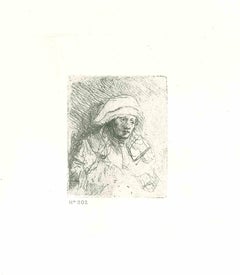 Antique Sick Woman with a Large White Headdress - Engraving after Rembrandt - 19th Cent.