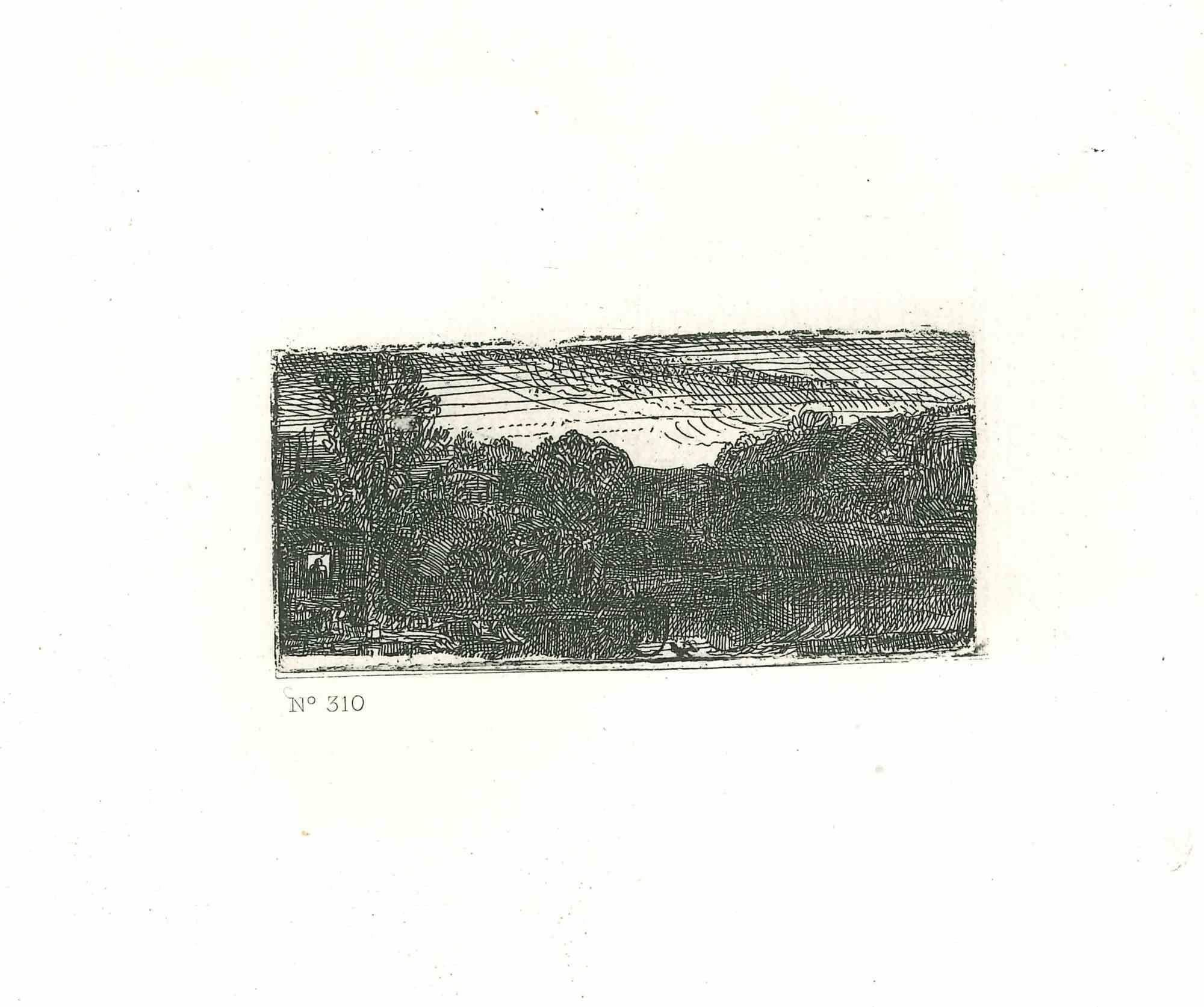 Charles Amand Durand Figurative Print - Small Gray Landscape - Engraving after Rembrandt - 19th Century