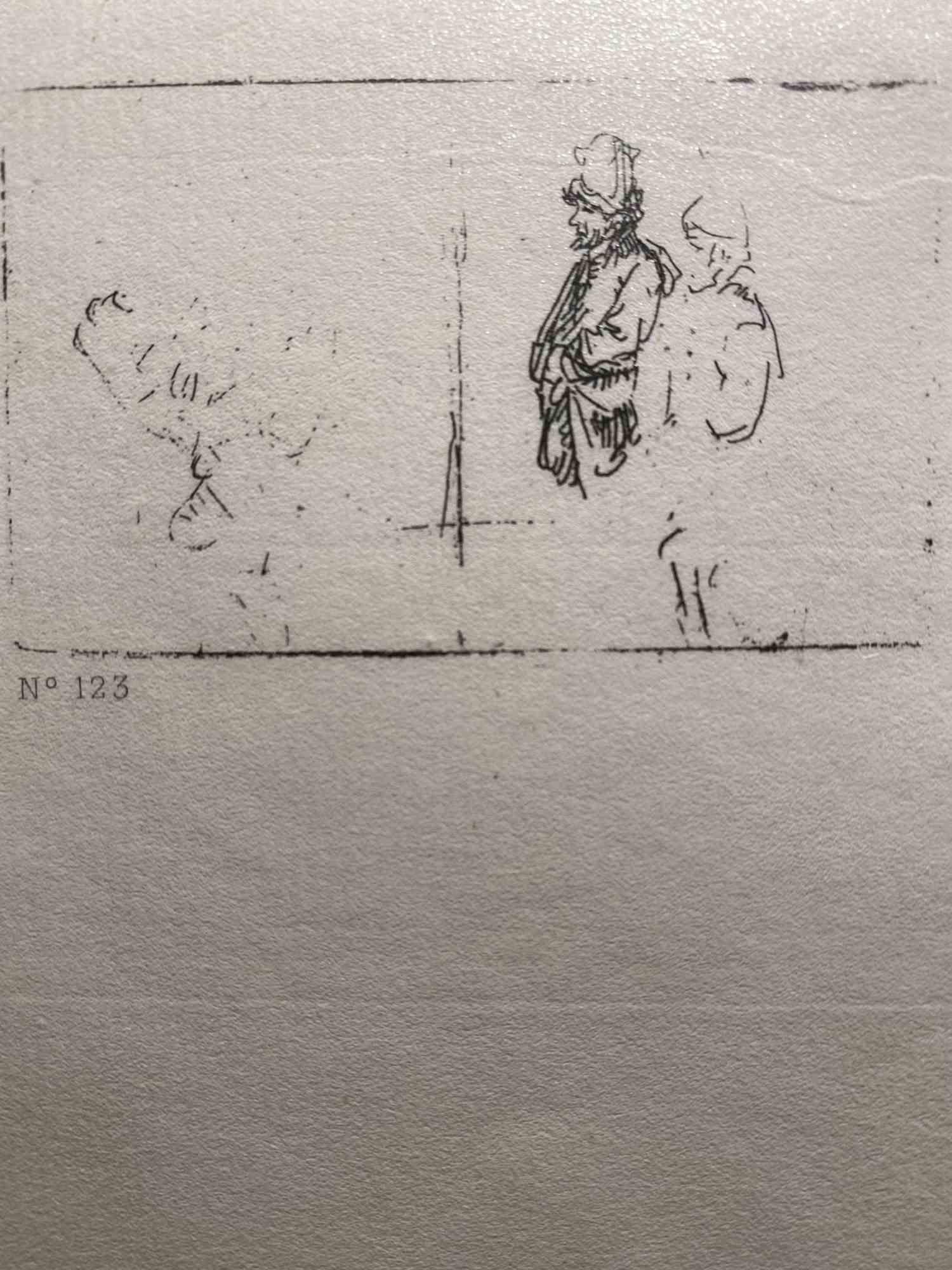 Des hommes debout - eau-forte d'après Rembrandt - XIXe siècle