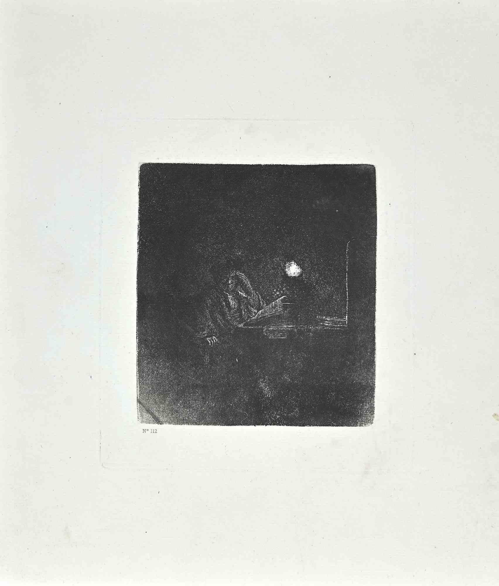 Portrait Print Charles Amand Durand - Étudiant à une table par bougie - eau-forte d'après Rembrandt - 19ème siècle