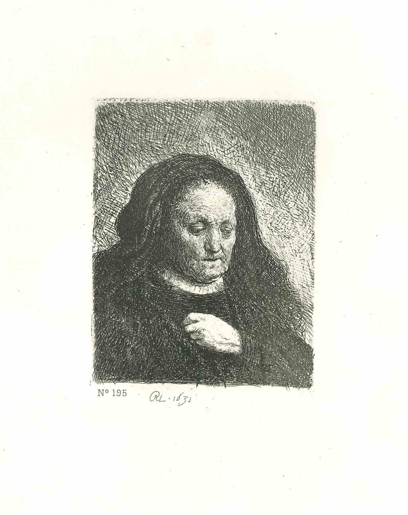 Charles Amand Durand Figurative Print - The Artist's Mother with Her Hand - Engraving after Rembrandt - 19th Century