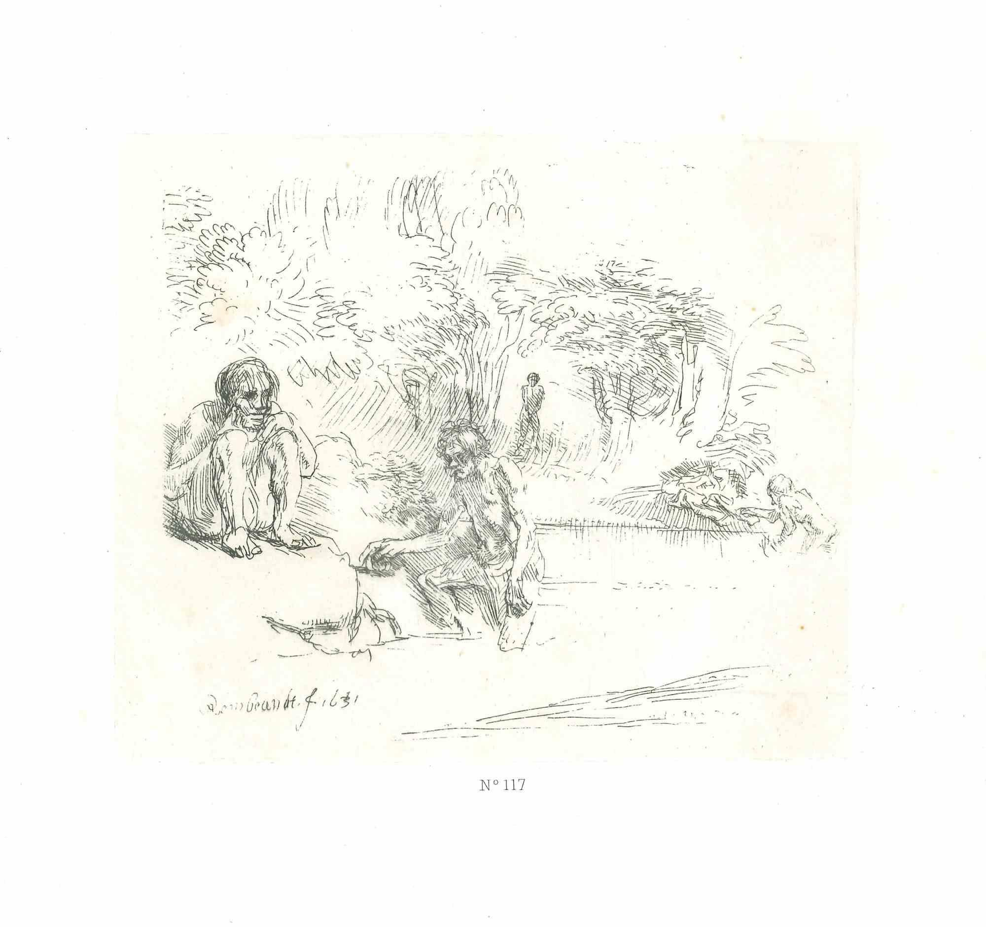 Charles Amand Durand Figurative Print - The Bathers - Engraving after Rembrandt - 19th Century