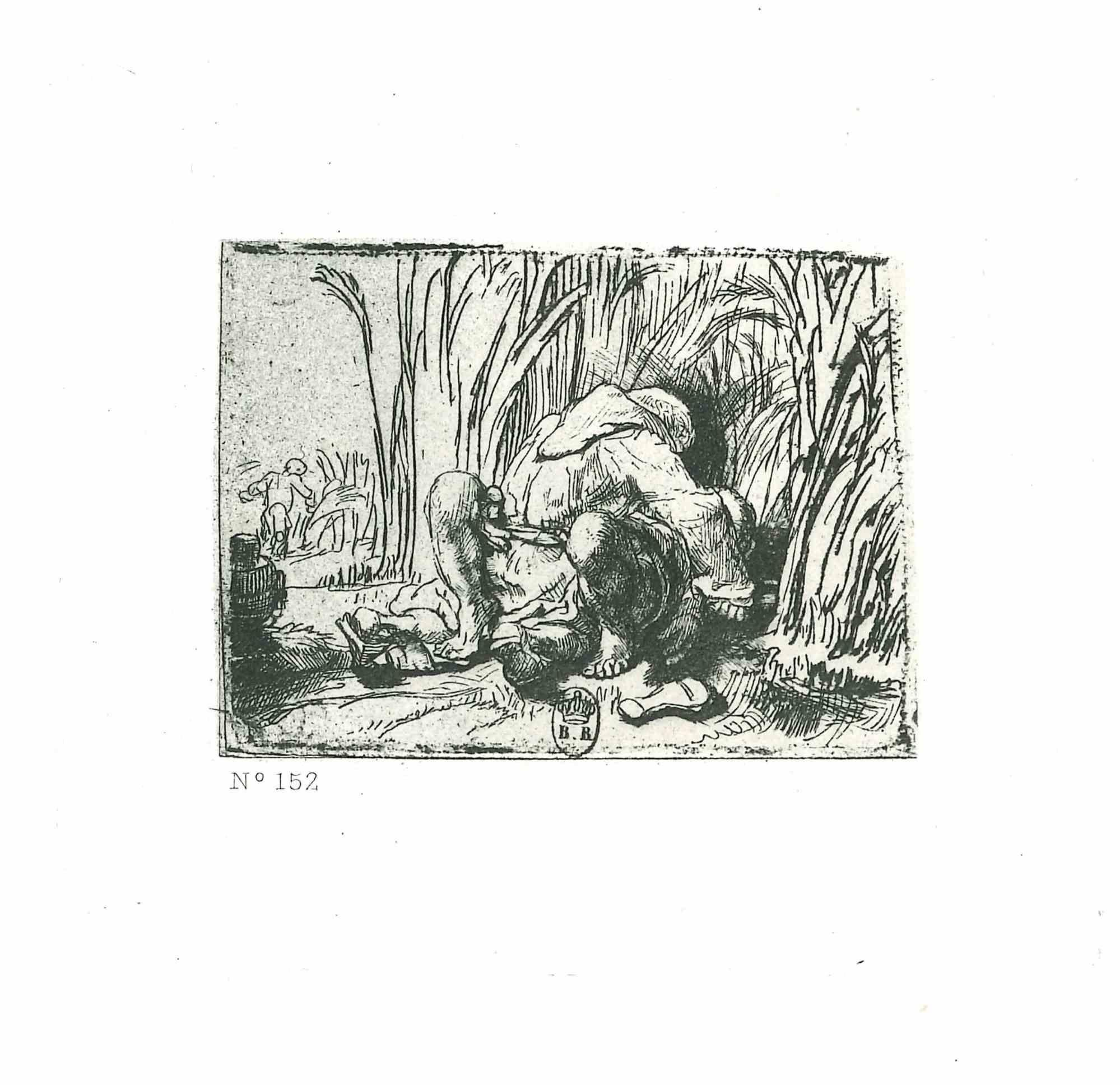 Figurative Print Charles Amand Durand - Le moine dans le champ de maïs - eau-forte d'après Rembrandt - 19ème siècle