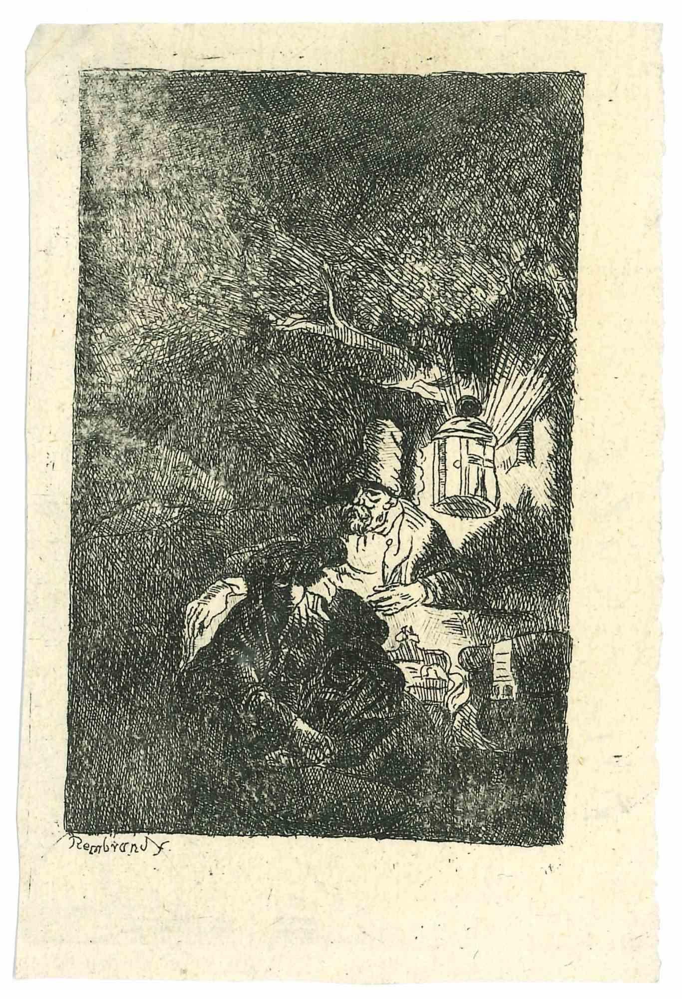 Charles Amand Durand Portrait Print - The Rest on the Flight into Egypt  - Engraving after Rembrandt - 19th Century