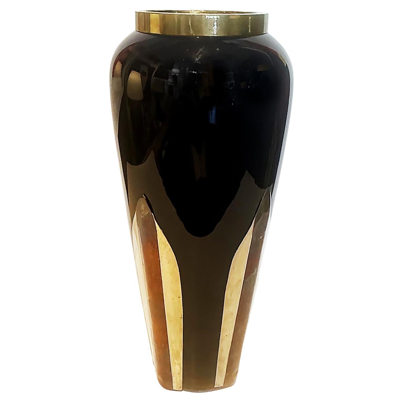 Dara International Tall Italian Glass Vase, Brass, Copper Accents Applied