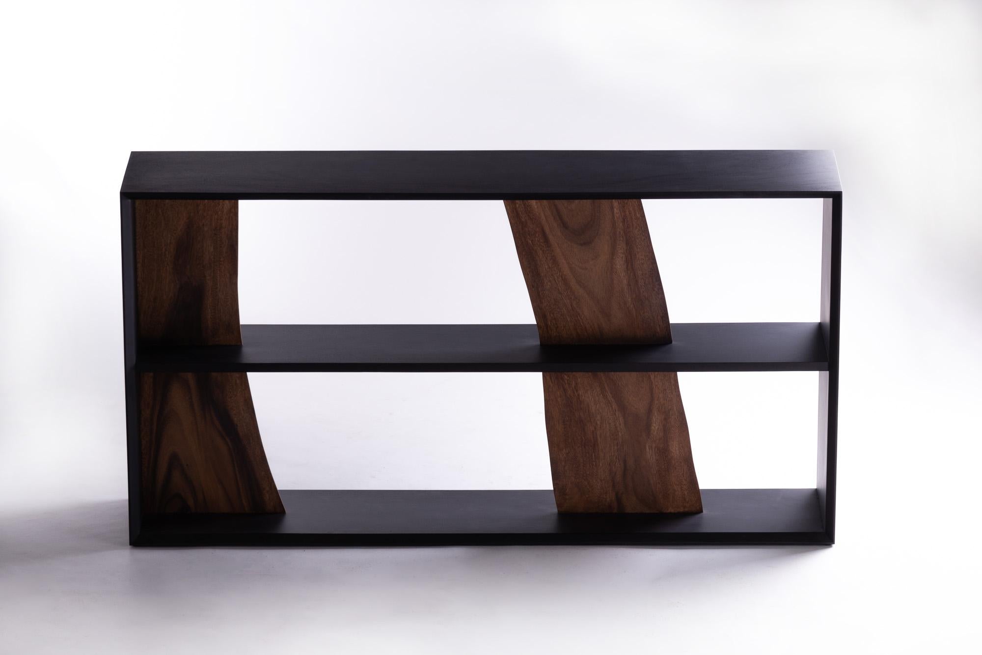 Mid-Century Modern Darakorn Horizontal Shelf, Two Tone Wood (Natural slab + Charcoal Back Body) For Sale