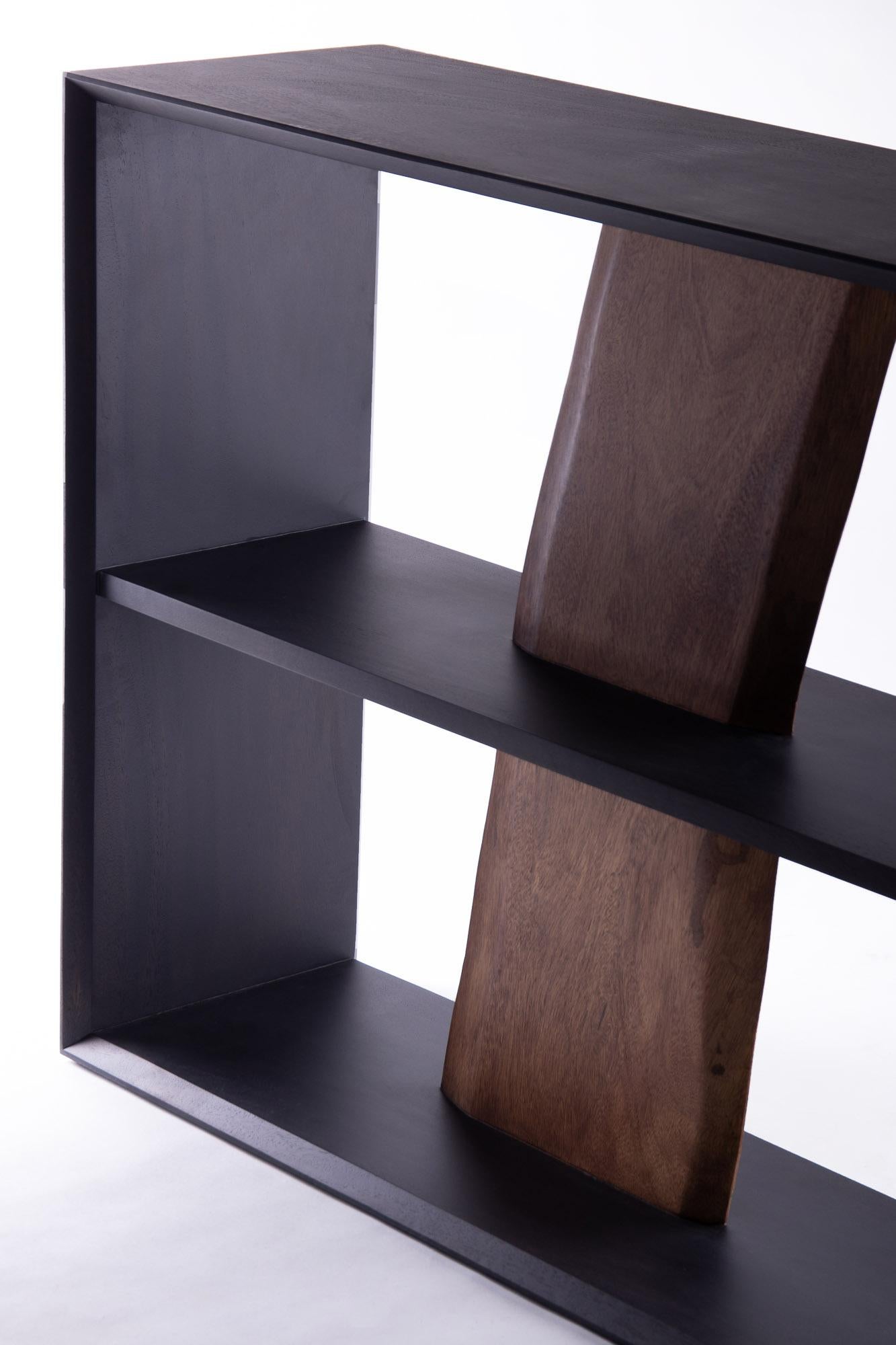 Hand-Crafted Darakorn Horizontal Shelf, Two Tone Wood (Natural slab + Charcoal Back Body) For Sale