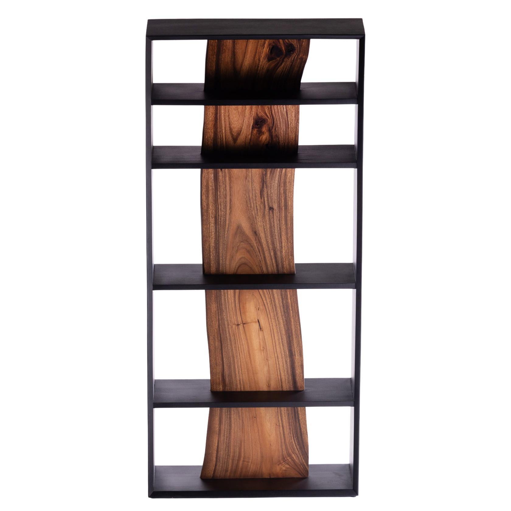 Darakorn Vertical Shelf, Two Tone Wood (Charcoal Black body + Natural Slab) For Sale