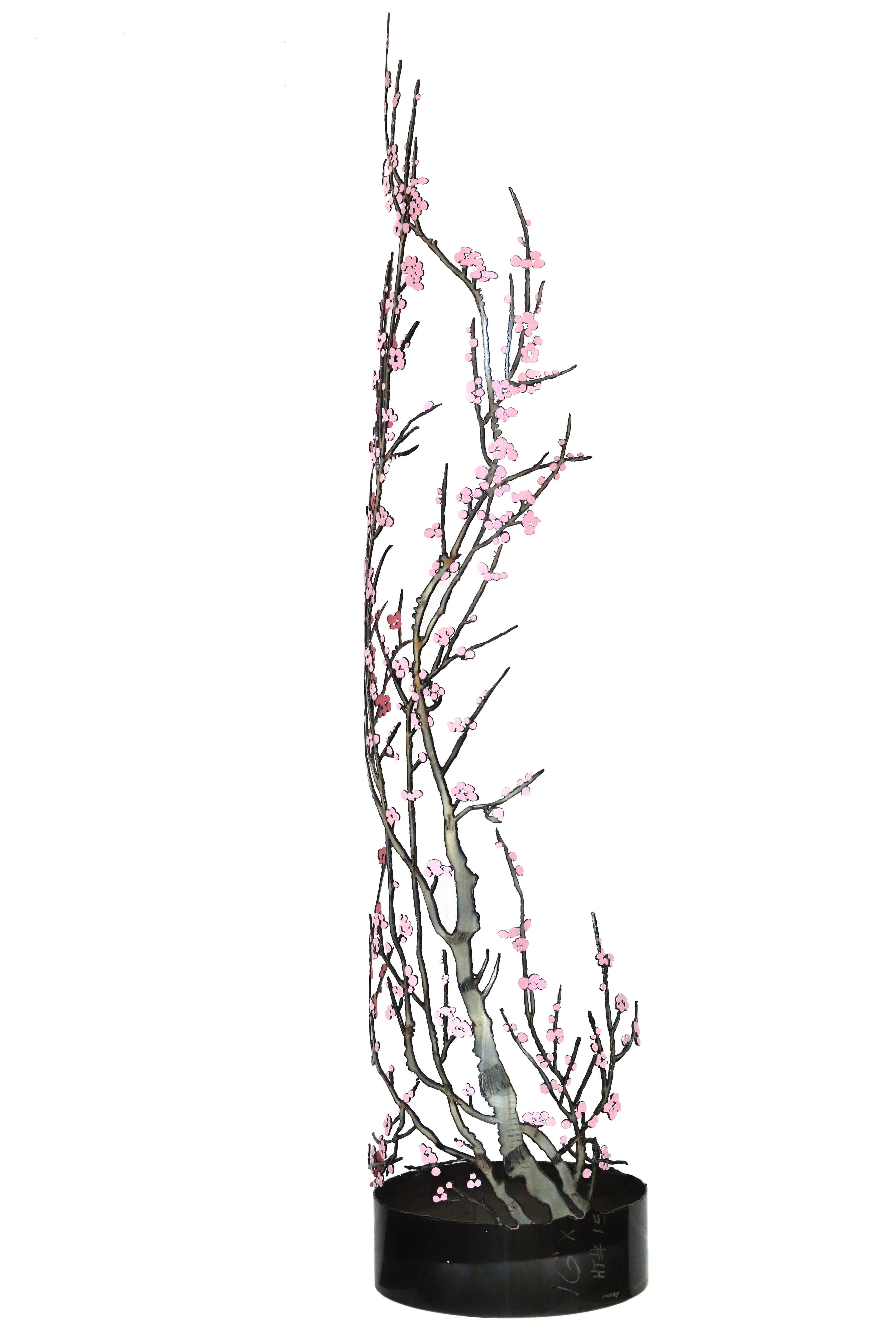 Ancienne sculpture d'arbre floral en acier, fleurs de cerisier