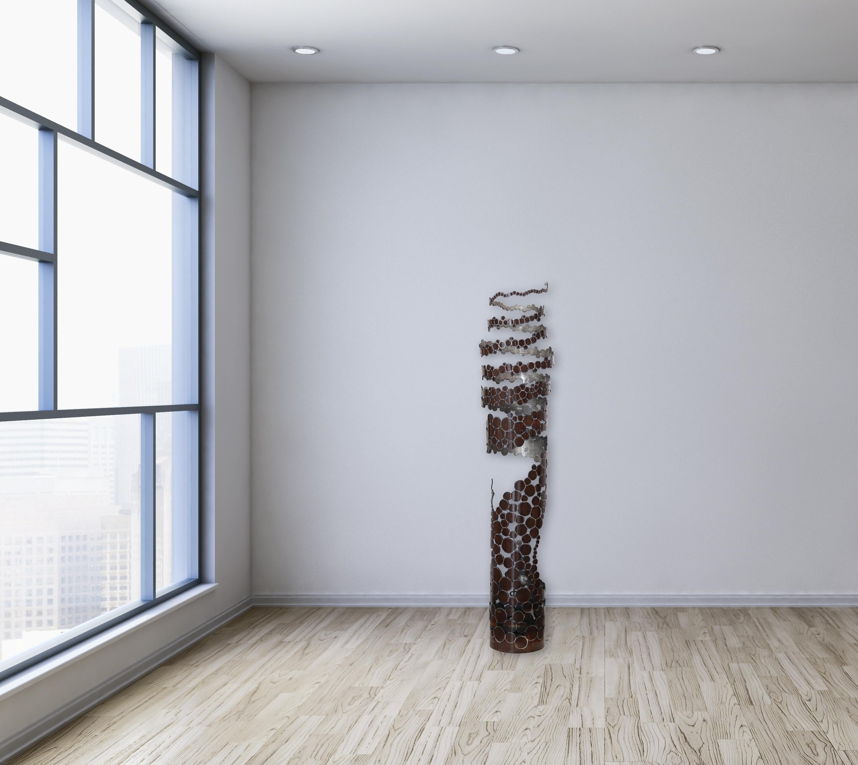 Focusing on making human-scale, abstract, minimalist, and often kinetic sculptures, D'Arcy Bellamy creates art exclusively from steel pipe. Bellamy’s work is characterized by flowing lines, strong negative space, originality, movement, and shadows.