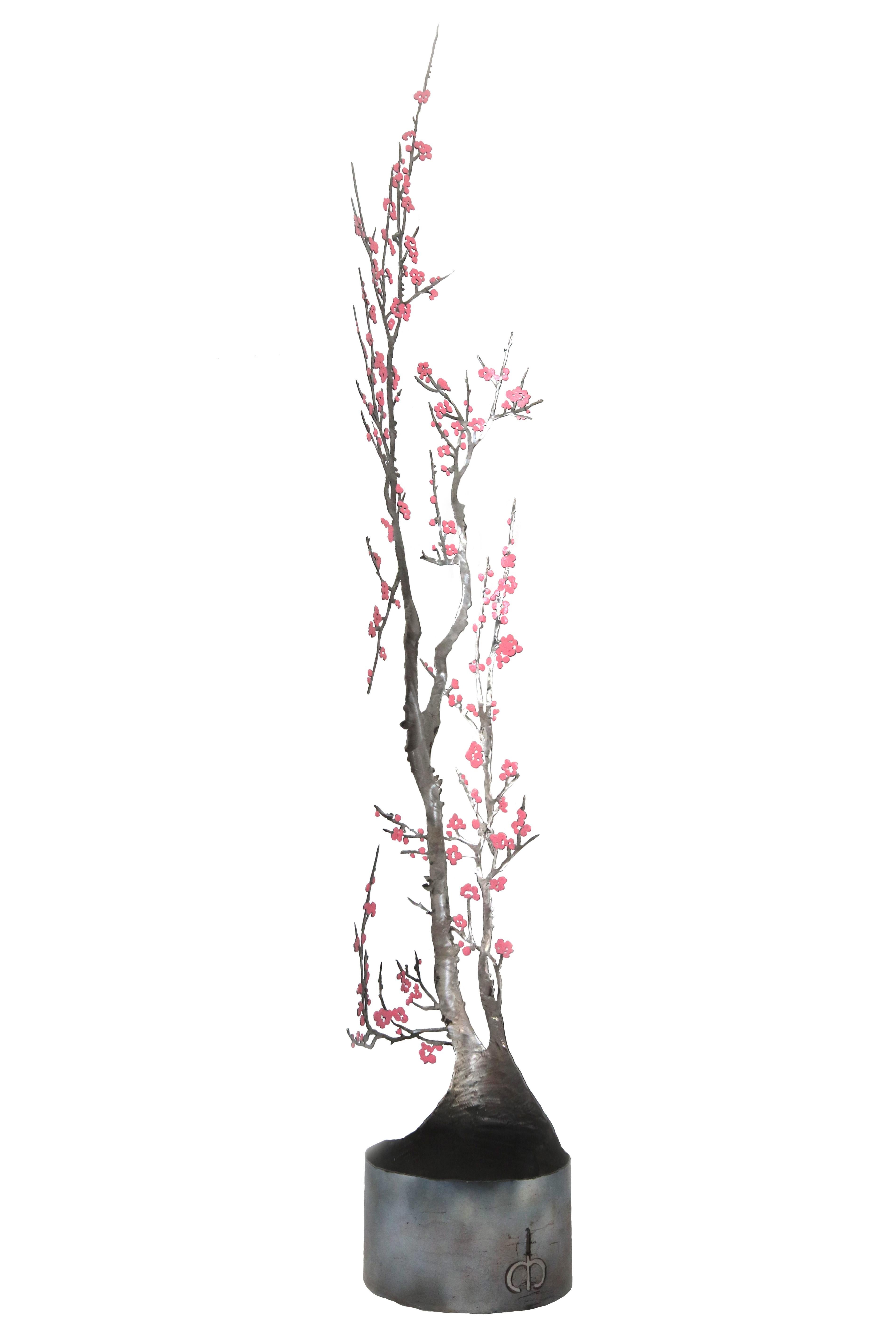 Winter Blossoms - Large Steel White Pink Floral Tree Sculpture in vendita 1
