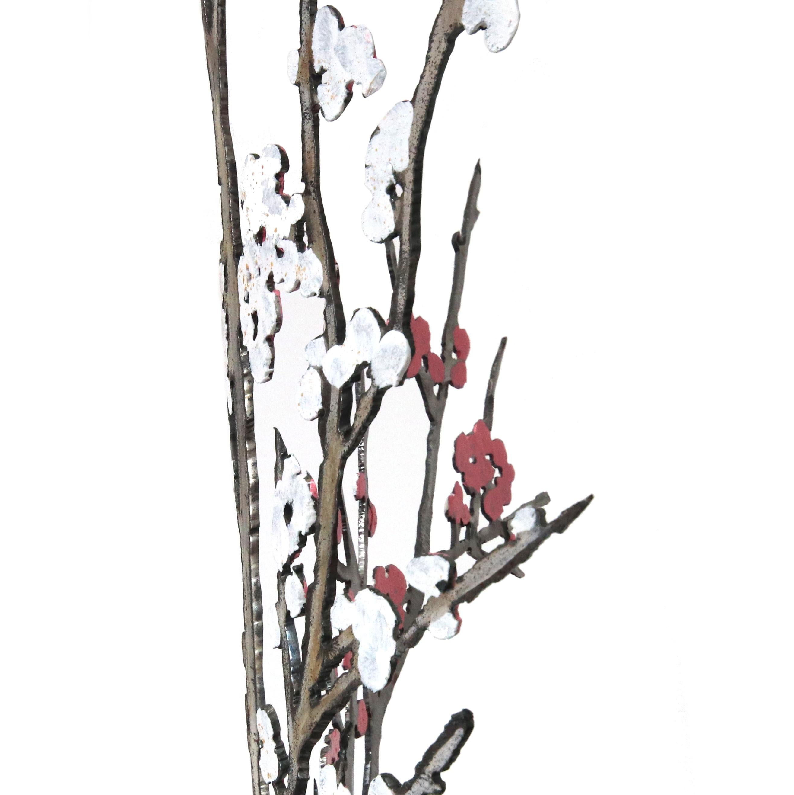 Winter Blossoms - Large Steel White Pink Floral Tree Sculpture in vendita 4