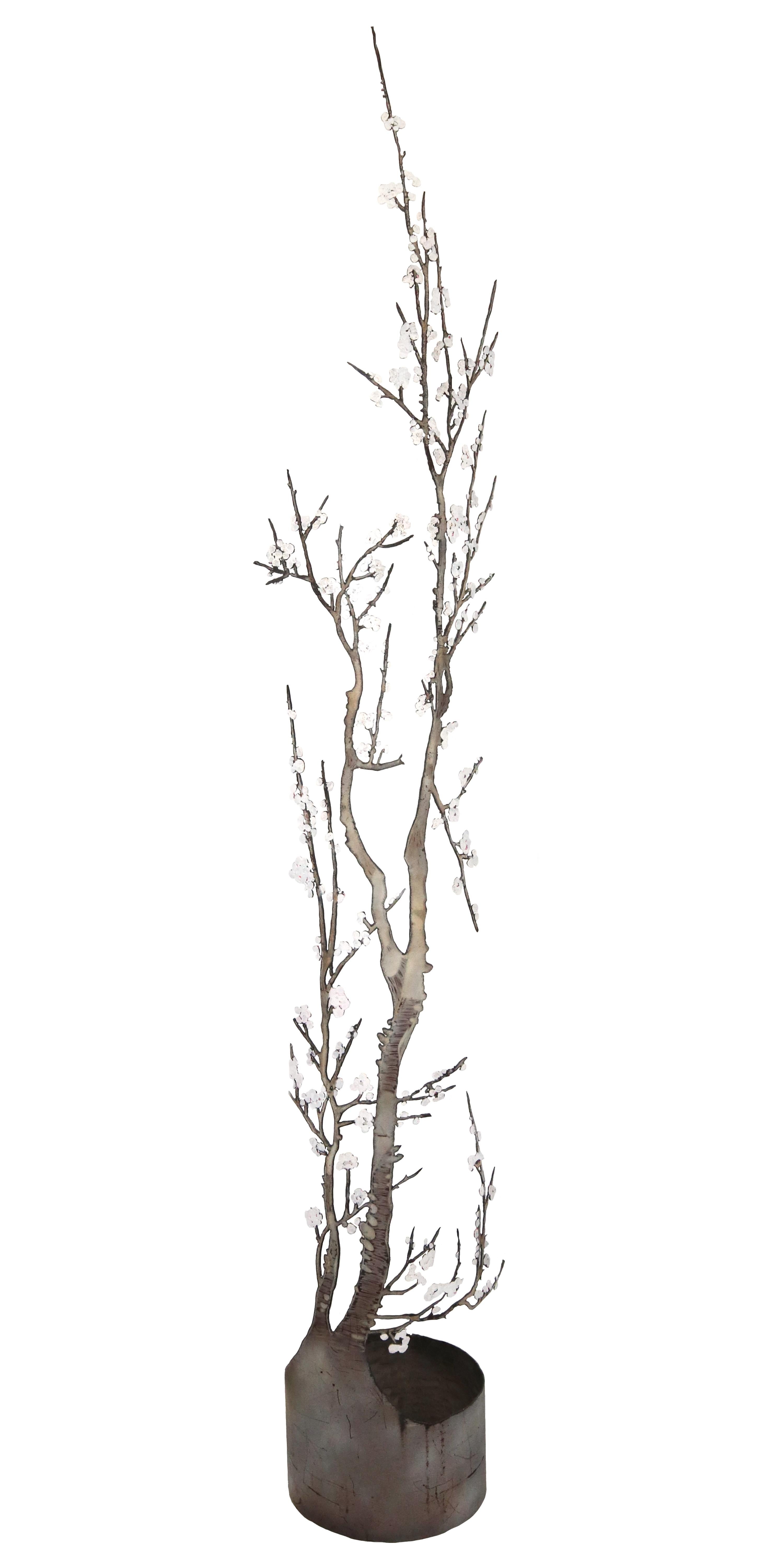 Winter Blossoms - Large Steel White Pink Floral Tree Sculpture