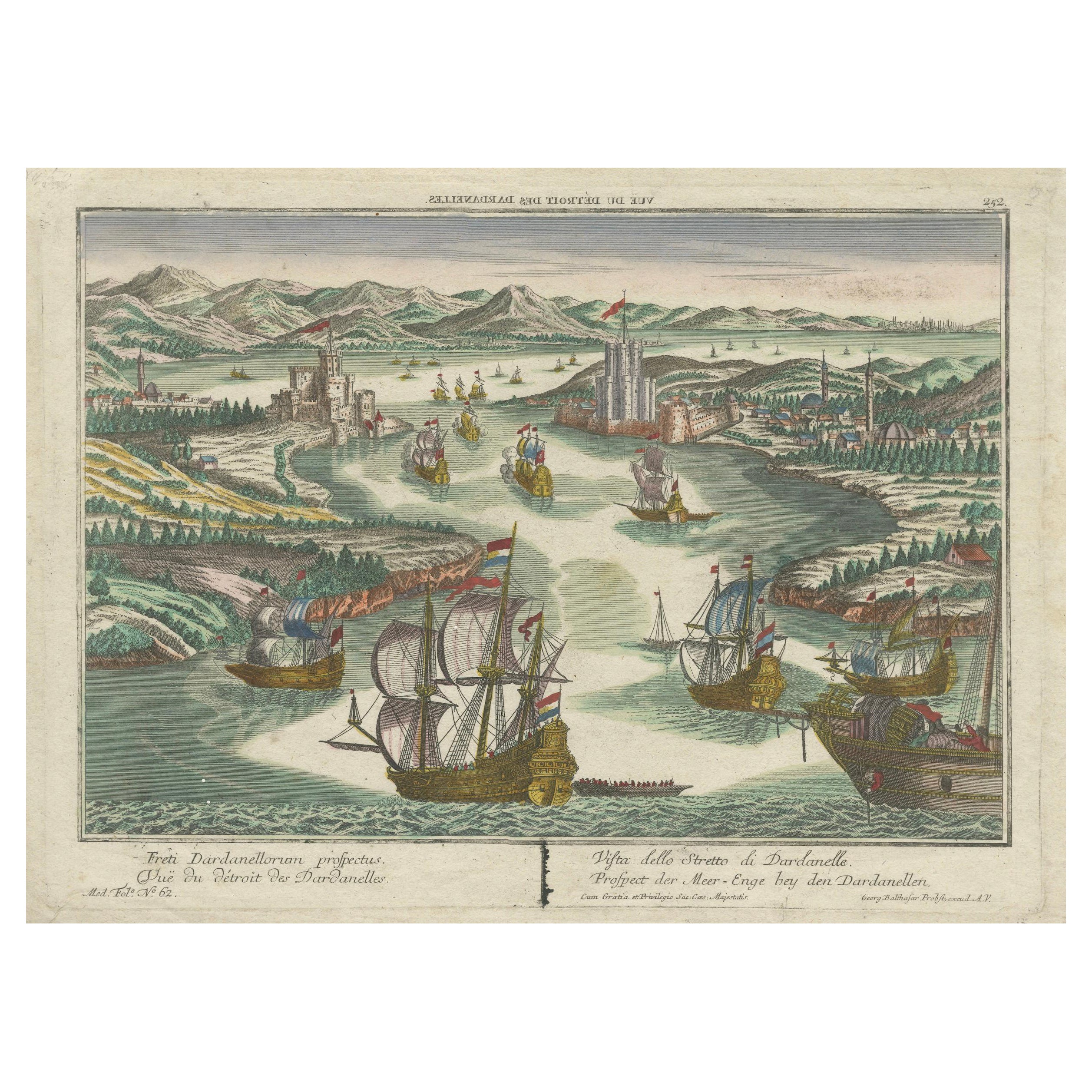 Estrecho de los Dardanelos, Turquía otomana - Vista óptica Probst con barcos, c.1770
