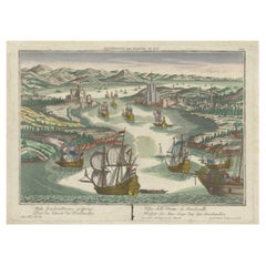 Estrecho de los Dardanelos, Turquía otomana - Vista óptica Probst con barcos, c.1770