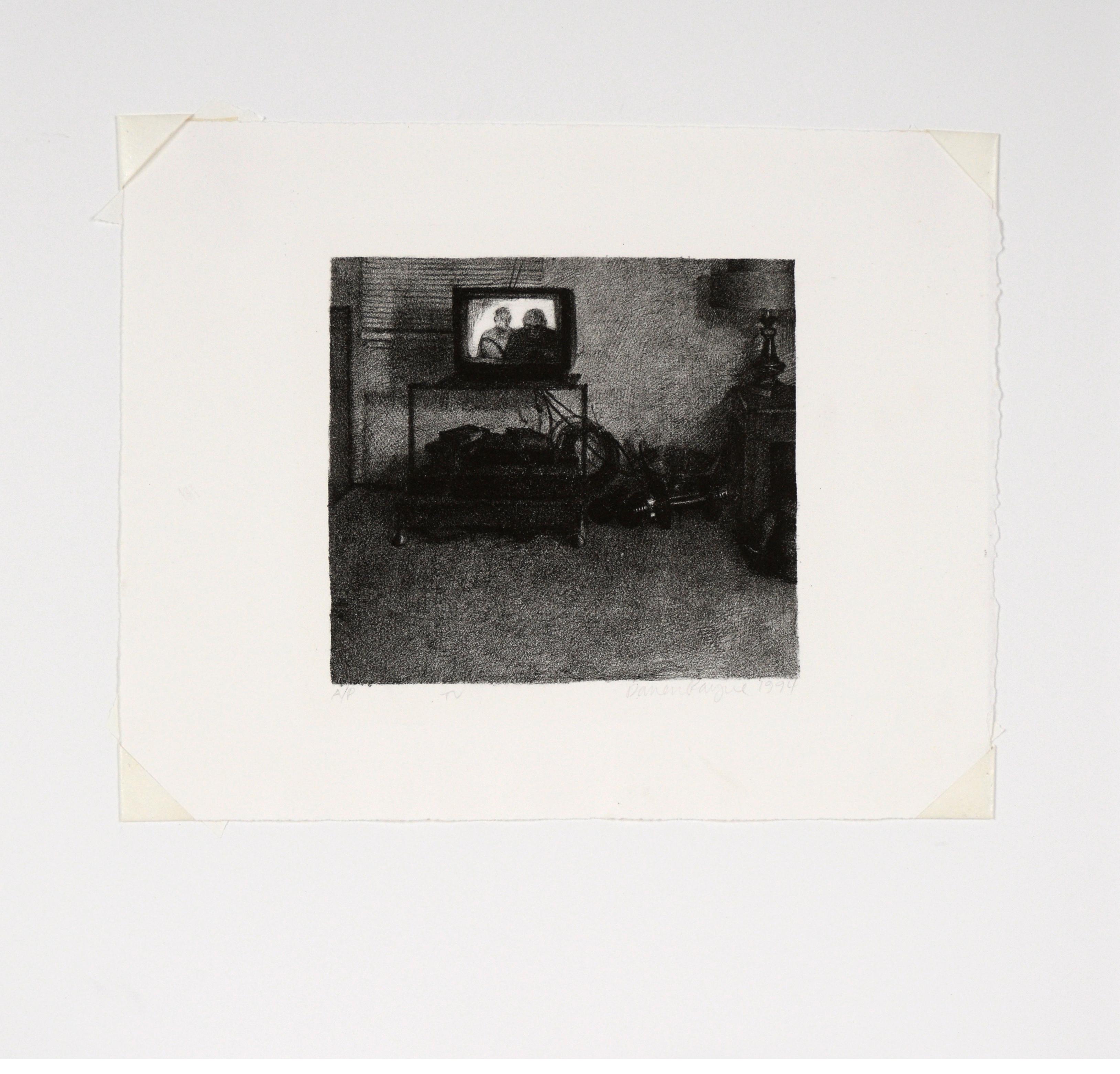 Impression vintage Moody avec deux personnages style Edward Hopper - Gris Interior Print par Daren Payne