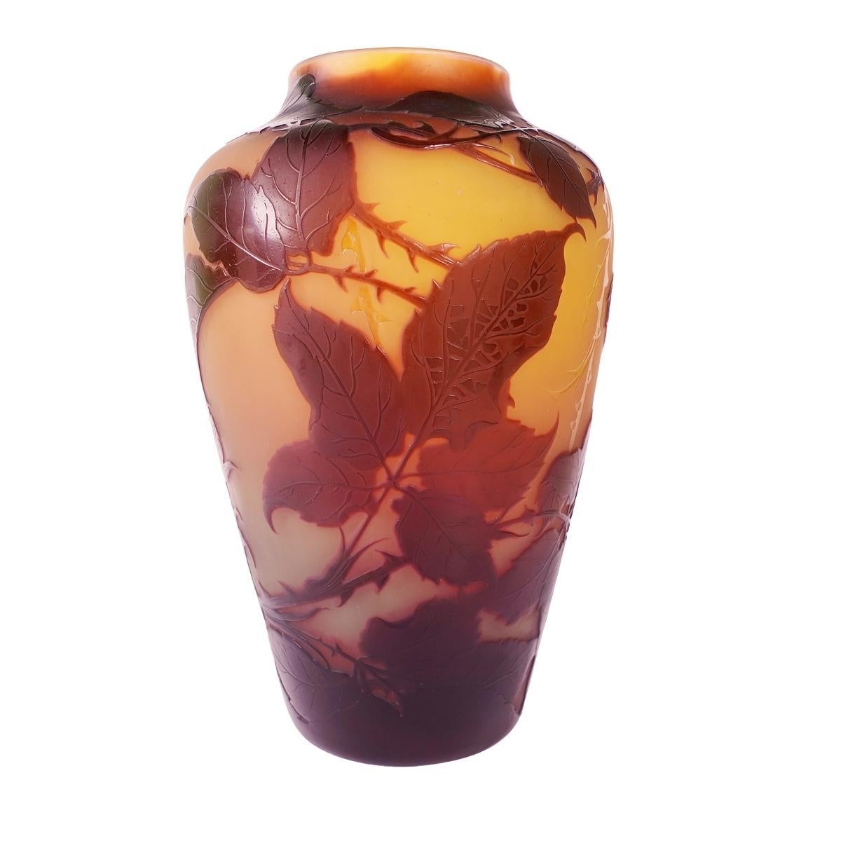 Offering this vintage D'Argental “Raspberries” cameo relief art glass vase. This acid etched and polished cameo vase has a detailed raspberry and foliage design in a deep chocolate over a reddish amber body. Vase is acid etched with extra 