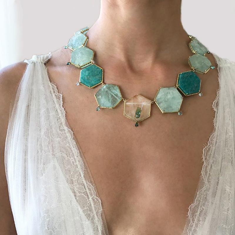Artist Daria de Koning Aquamarine, Amazonite, Tourmaline Hexagonal Necklace For Sale