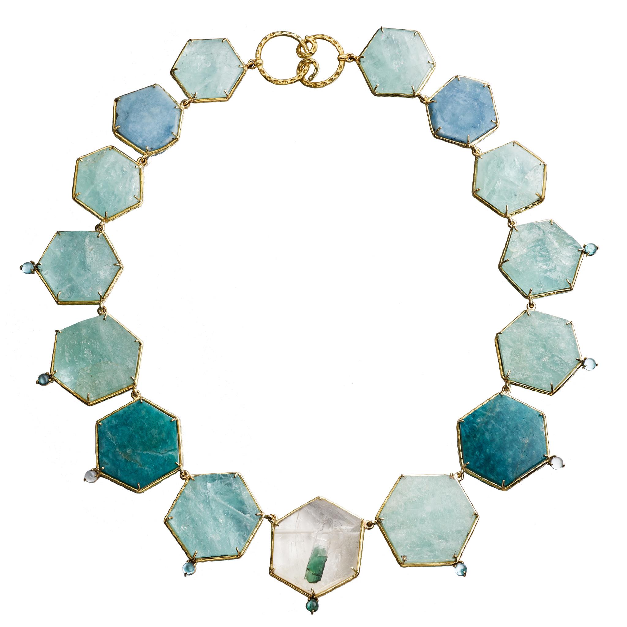 Daria de Koning Aquamarine, Amazonite, Tourmaline Hexagonal Necklace For Sale