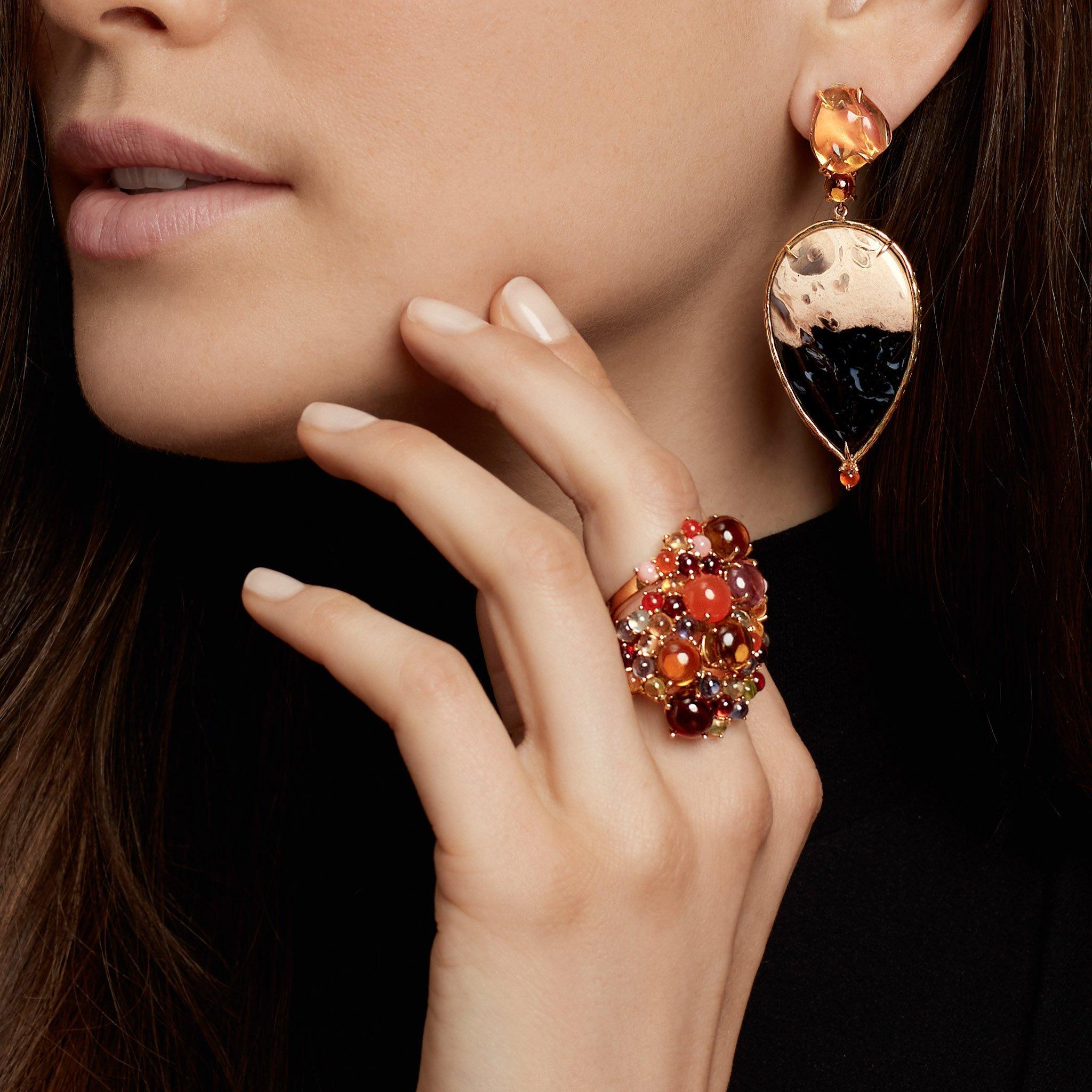 Stunning when stacked, yet striking on their own as singles. The Dagny Ring is offered in an array of mouthwatering stones – shown here with cabochons of yellow citrine and pink tourmaline with medley sides of pink opal, carnelian, citrine,