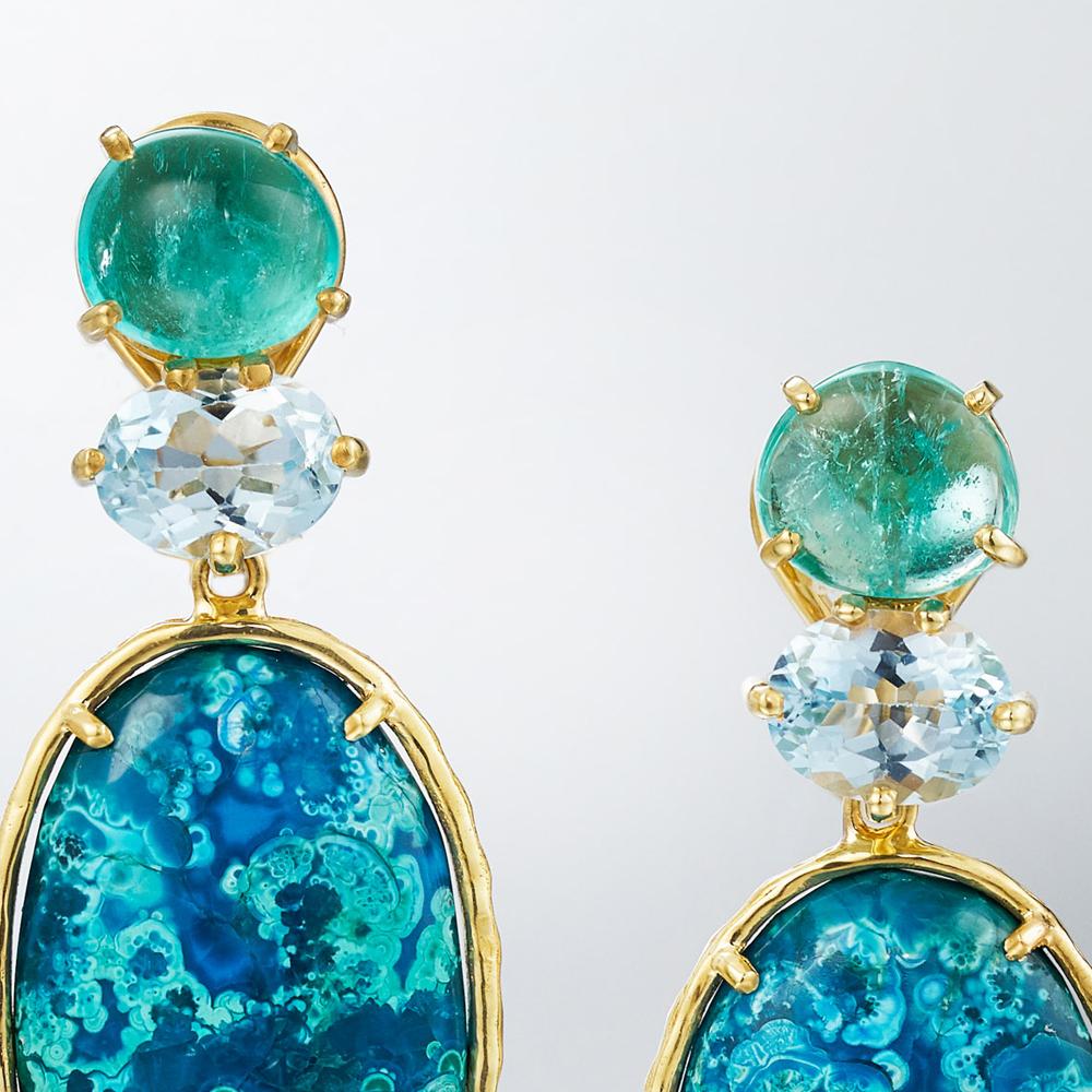 Artisan Daria de Koning Emerald, Topaz, Chrysocolla-in-Malachite, and Aquamarine Earring For Sale
