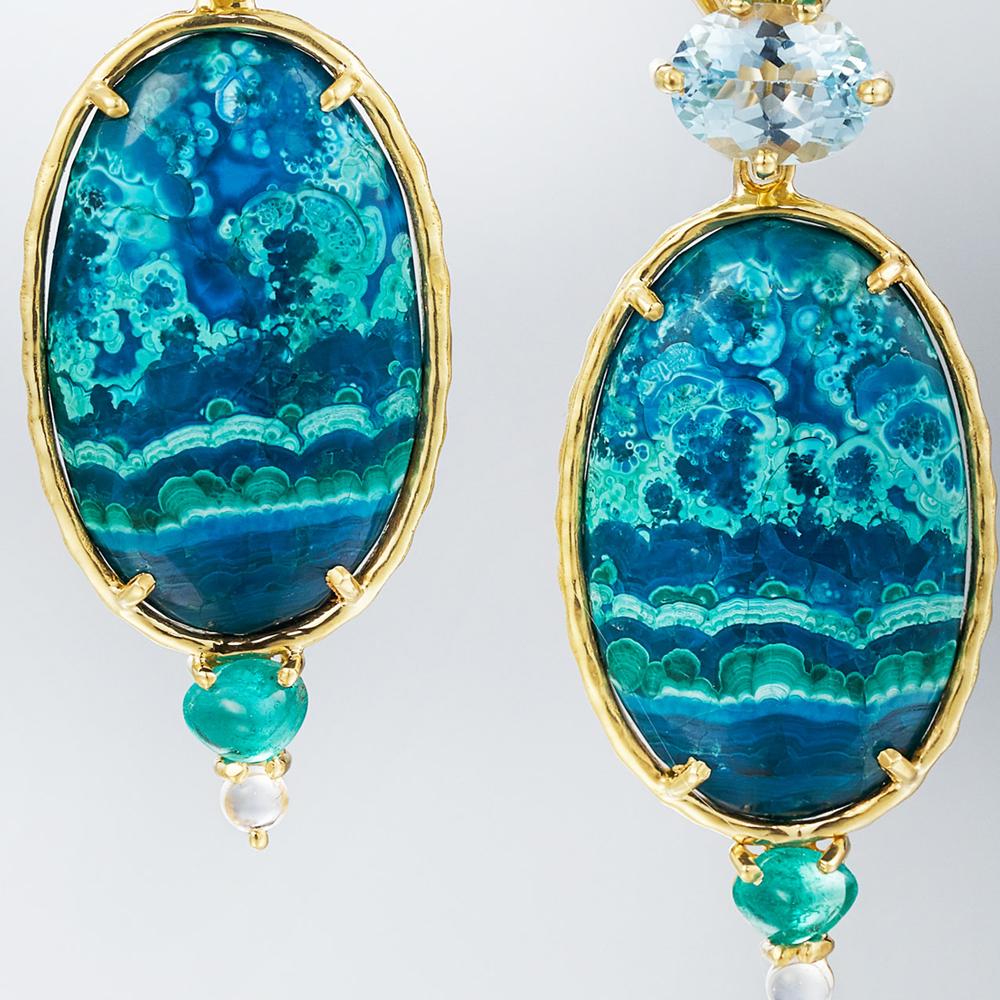 Round Cut Daria de Koning Emerald, Topaz, Chrysocolla-in-Malachite, and Aquamarine Earring For Sale