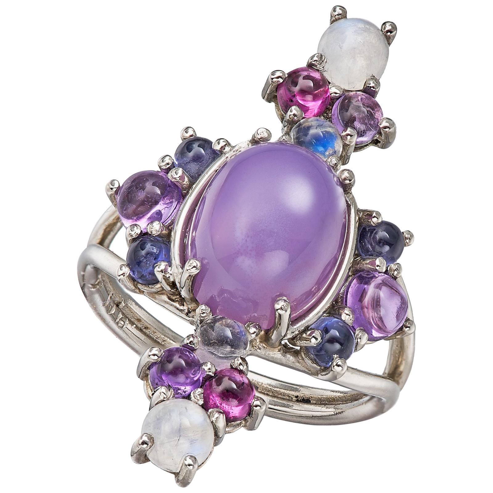 Daria de Koning Holley Agate Chalcedony, Rainbow Moonstone, Amethyst, Iolite Ring For Sale