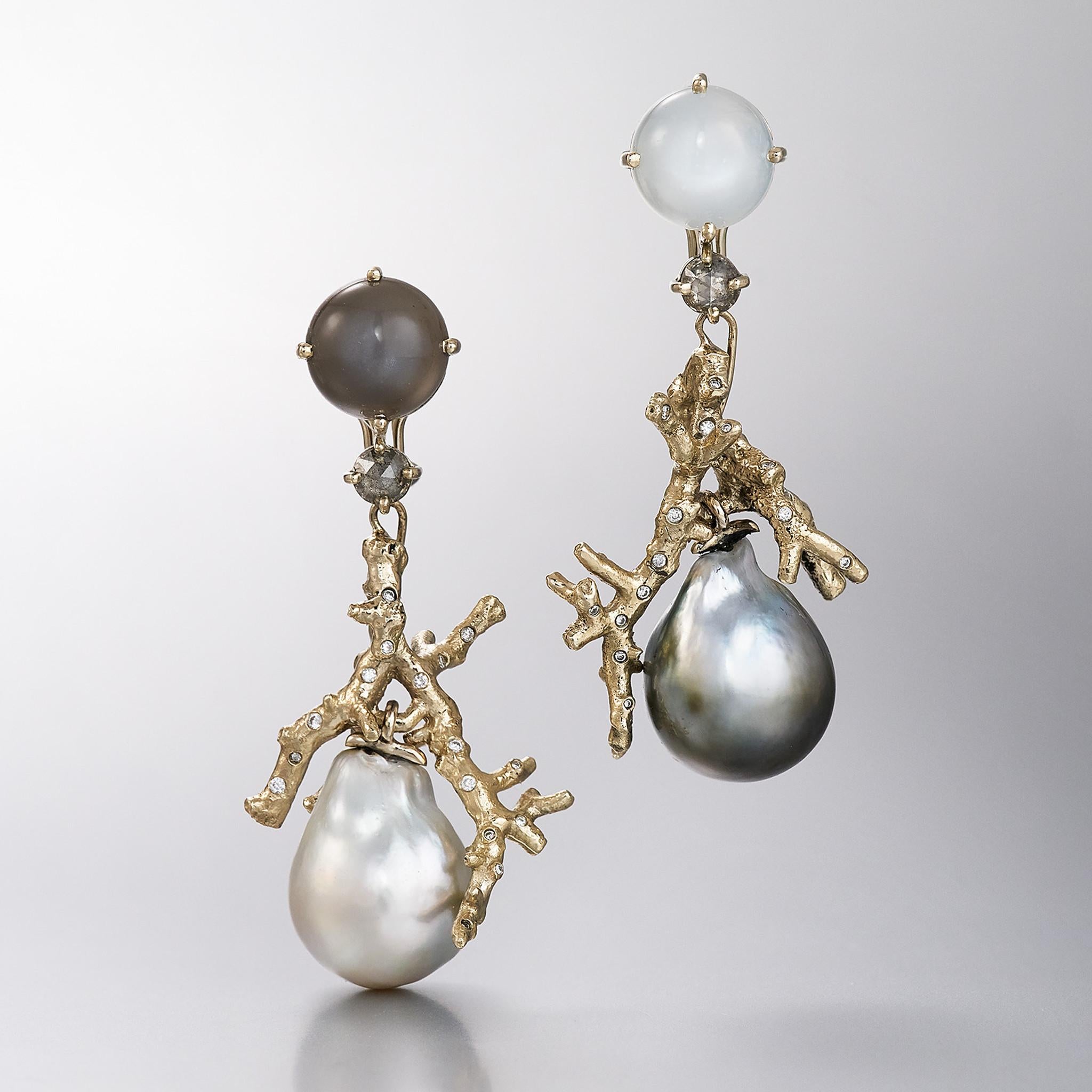 Artisan Daria de Koning Moonstone, Diamond, South Sea Pearl, Tahitian Pearl Earrings