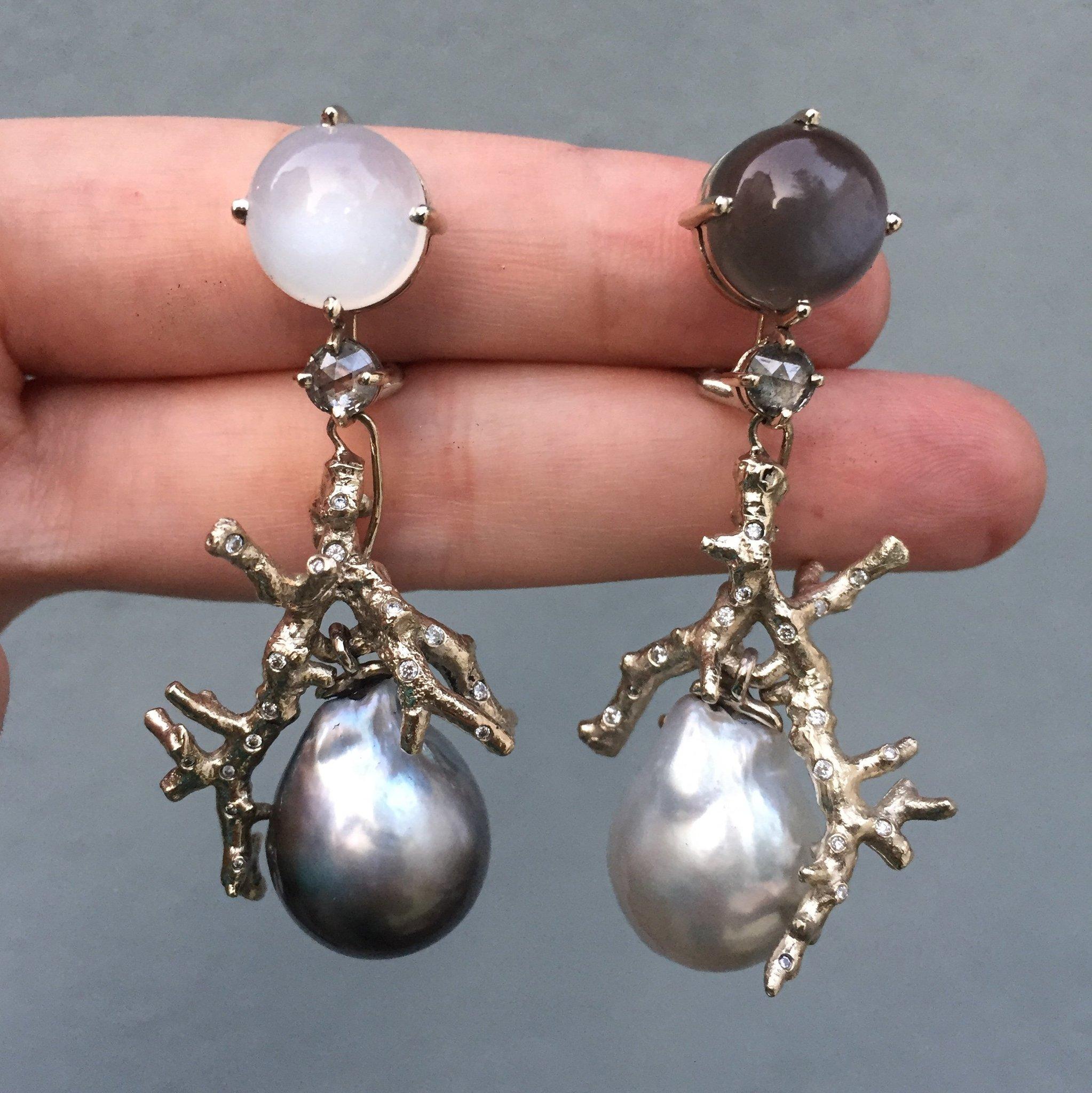 Round Cut Daria de Koning Moonstone, Diamond, South Sea Pearl, Tahitian Pearl Earrings