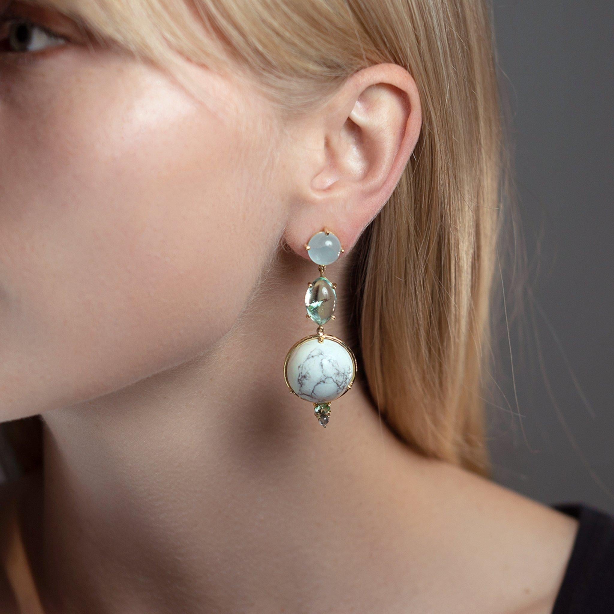Artisan Daria de Koning Muzo Emerald, Aquamarine, White Howlite, Tourmaline Earrings For Sale
