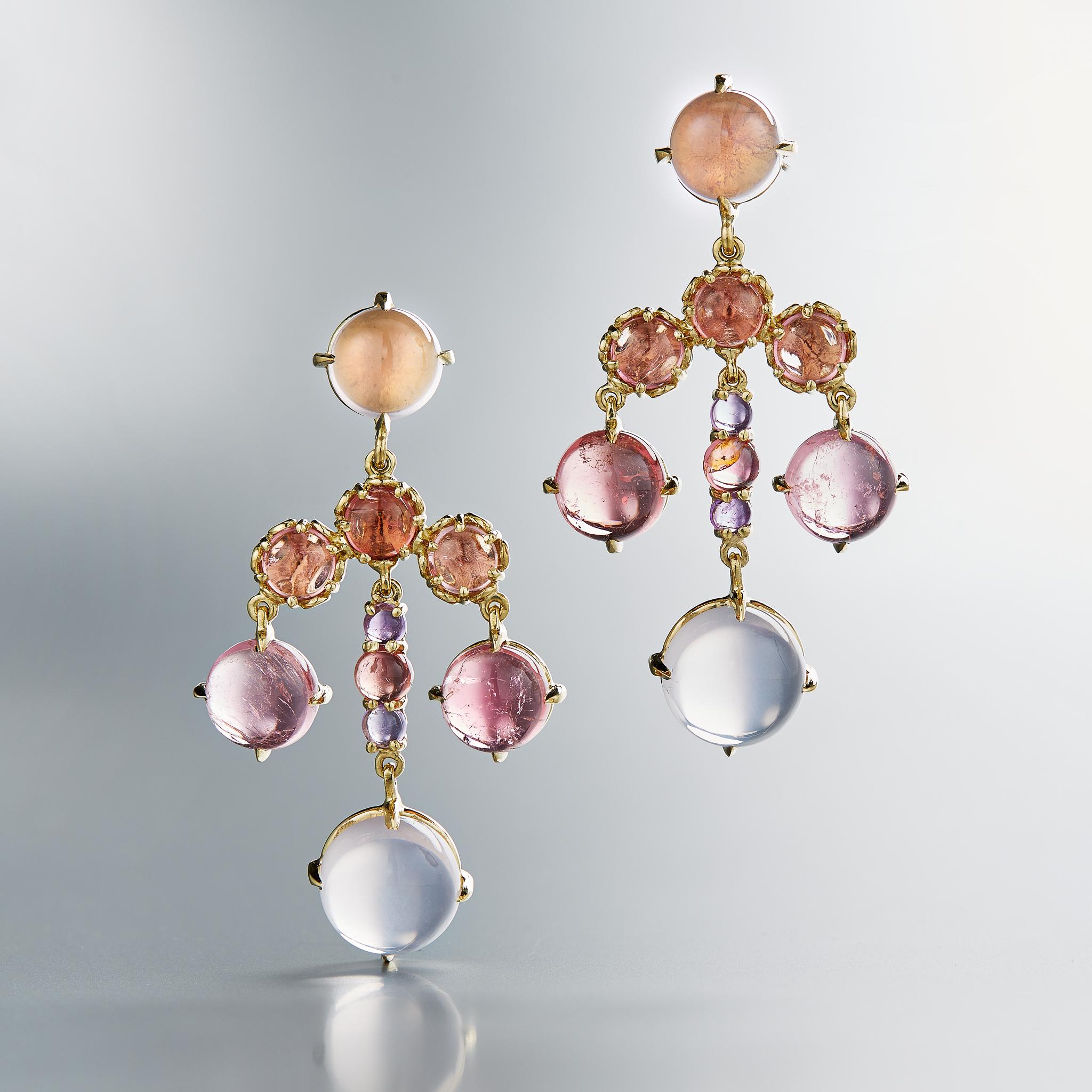 Artist Daria de Koning Pink Tourmaline, Rose Quartz, Amethyst Chandelier Earrings For Sale