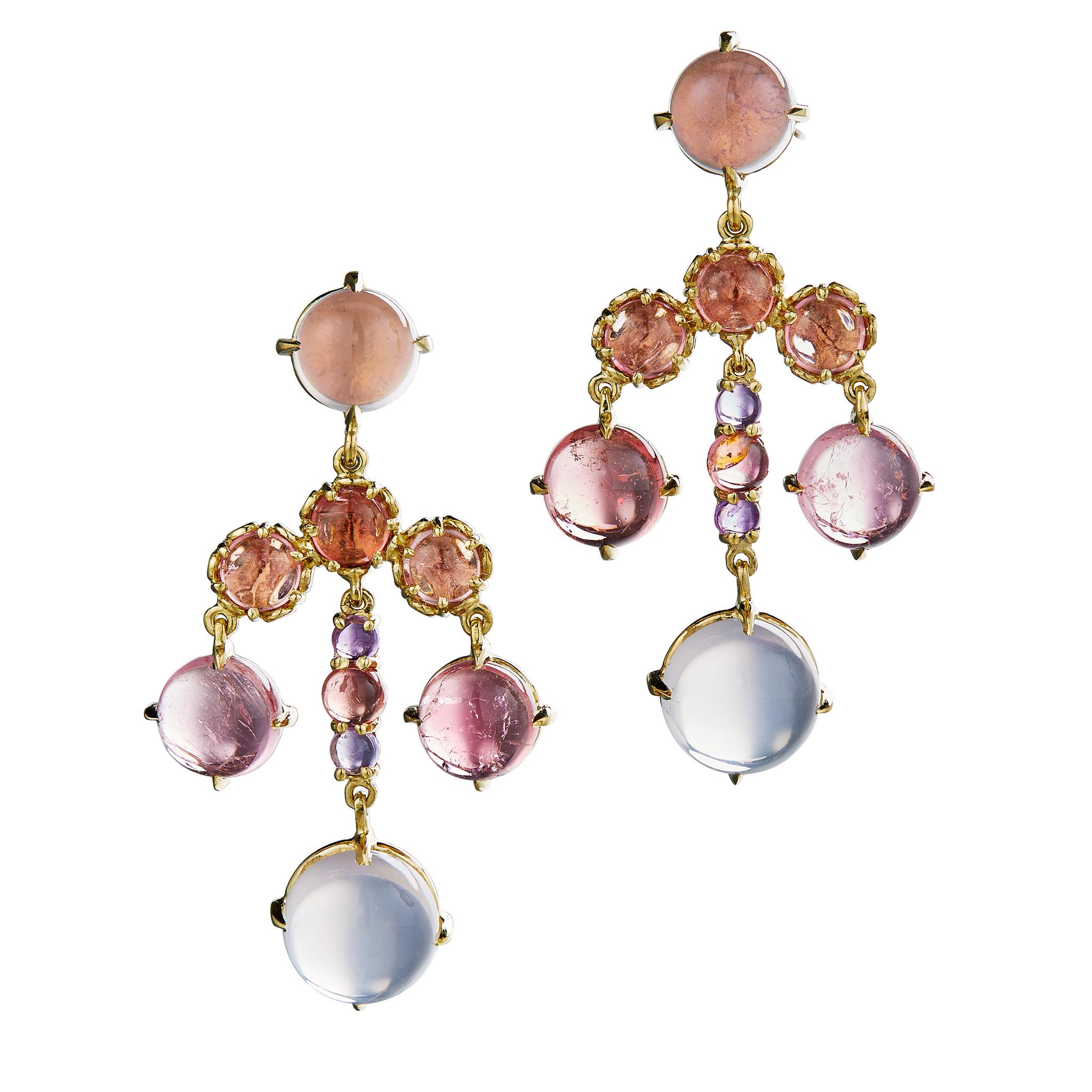 Daria de Koning Pink Tourmaline, Rose Quartz, Amethyst Chandelier Earrings For Sale