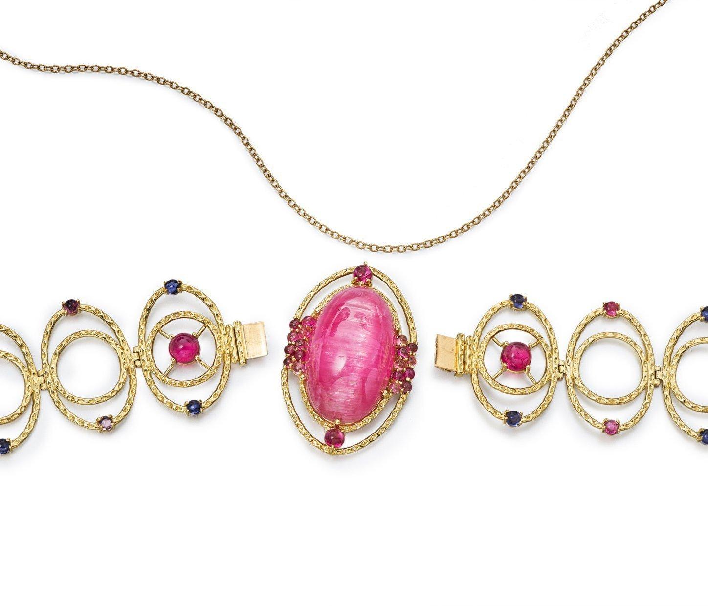 Artisan Daria de Koning Siberian Cat's Eye Pink Tourmaline, Iolite, Diamond Bracelet For Sale