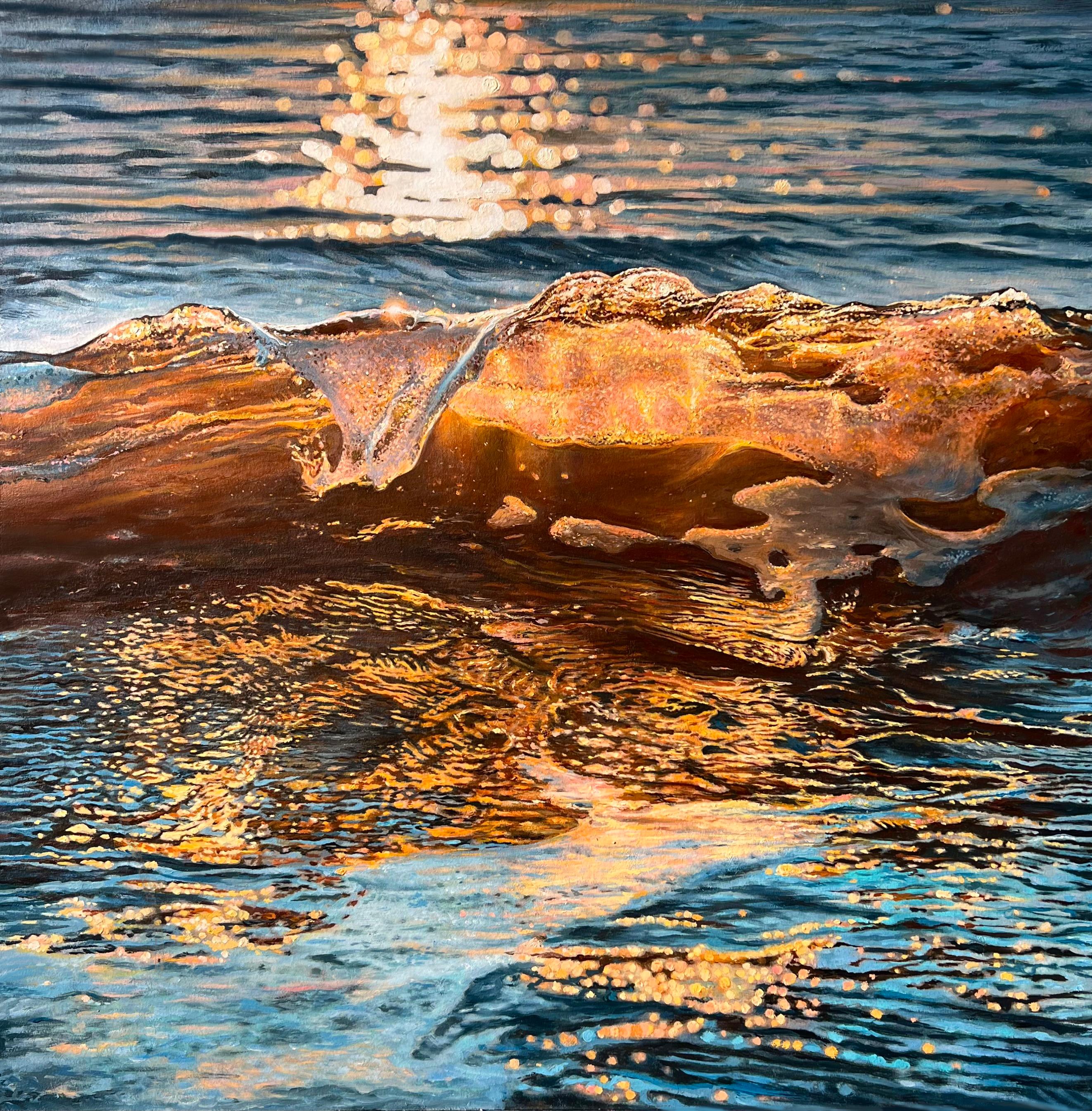 Landscape Painting DARIA DUDOCHNYKOVA - "AND Light" - Peinture à l'huile hyperréaliste d'une vague de l'océan au coucher du soleil.