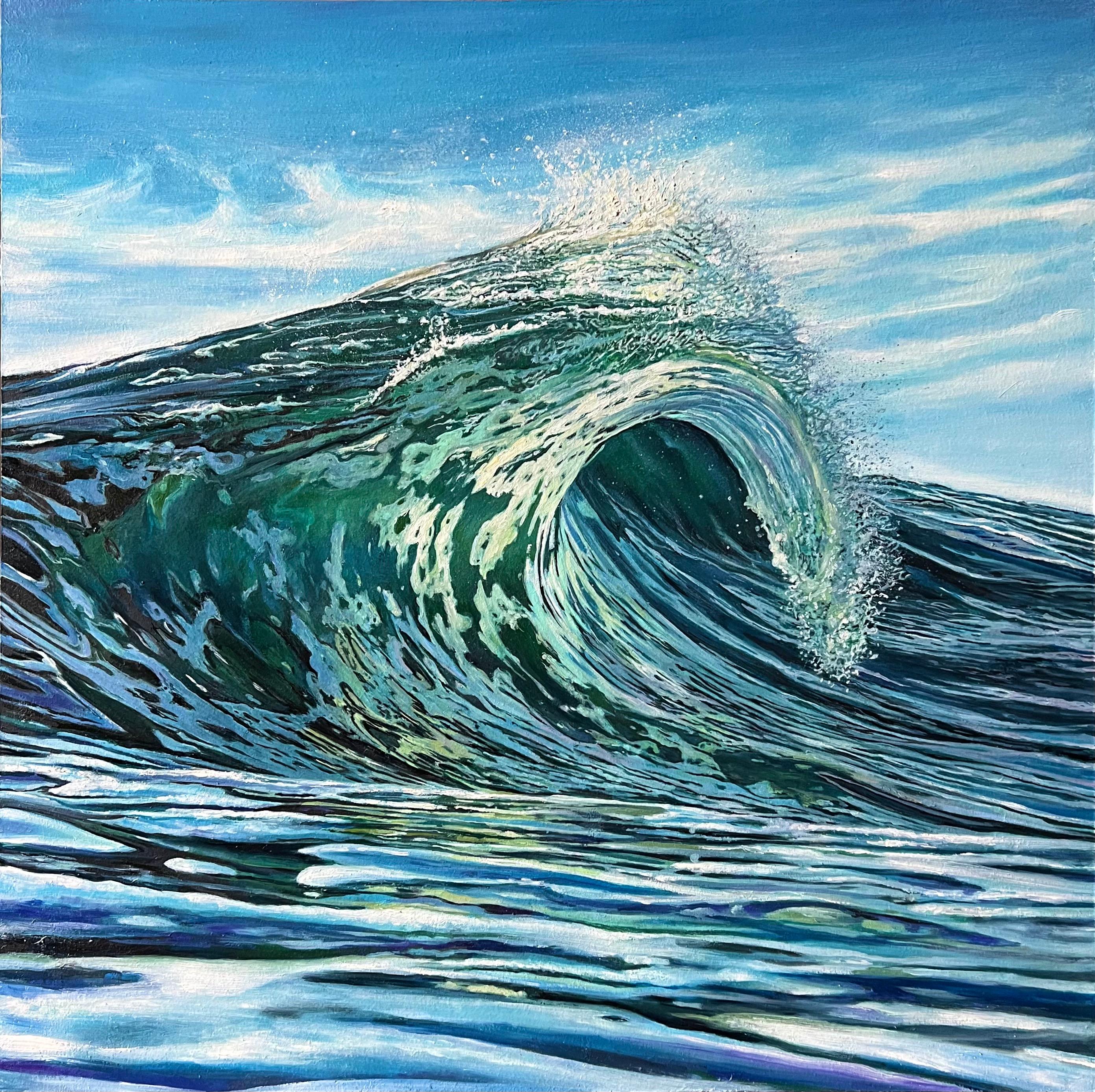 Landscape Painting de DARIA DUDOCHNYKOVA - "Pulso Eterno" - Pintura al Óleo de Olas Oceánicas en Paleta Refinada de Bósforo Vert