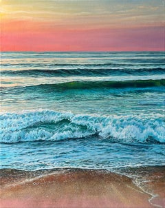 "Sinfonia serale del mare" - Pittura iperrealistica del tramonto e delle onde dell'oceano