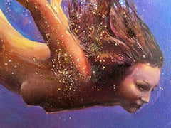 "Libre, Ingrávido, Valiente. No.1"- Mujer desnuda hiperrealista al óleo bajo el agua