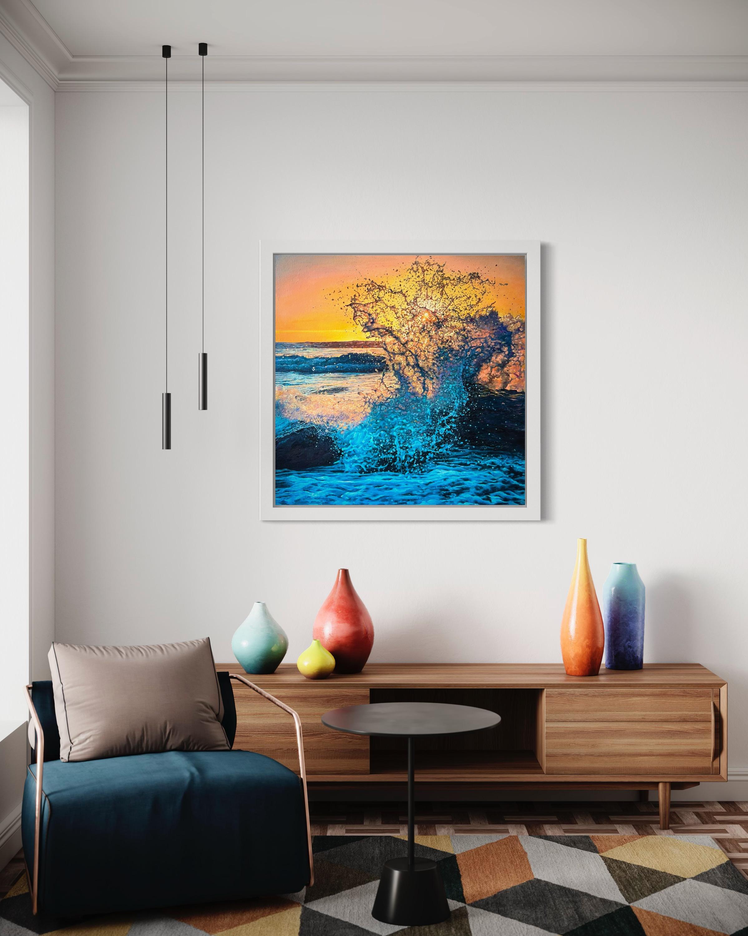 «Light of Hope» – Hyperrealism Ocean Splash Wave at Sunset Oil Painting For Sale 7