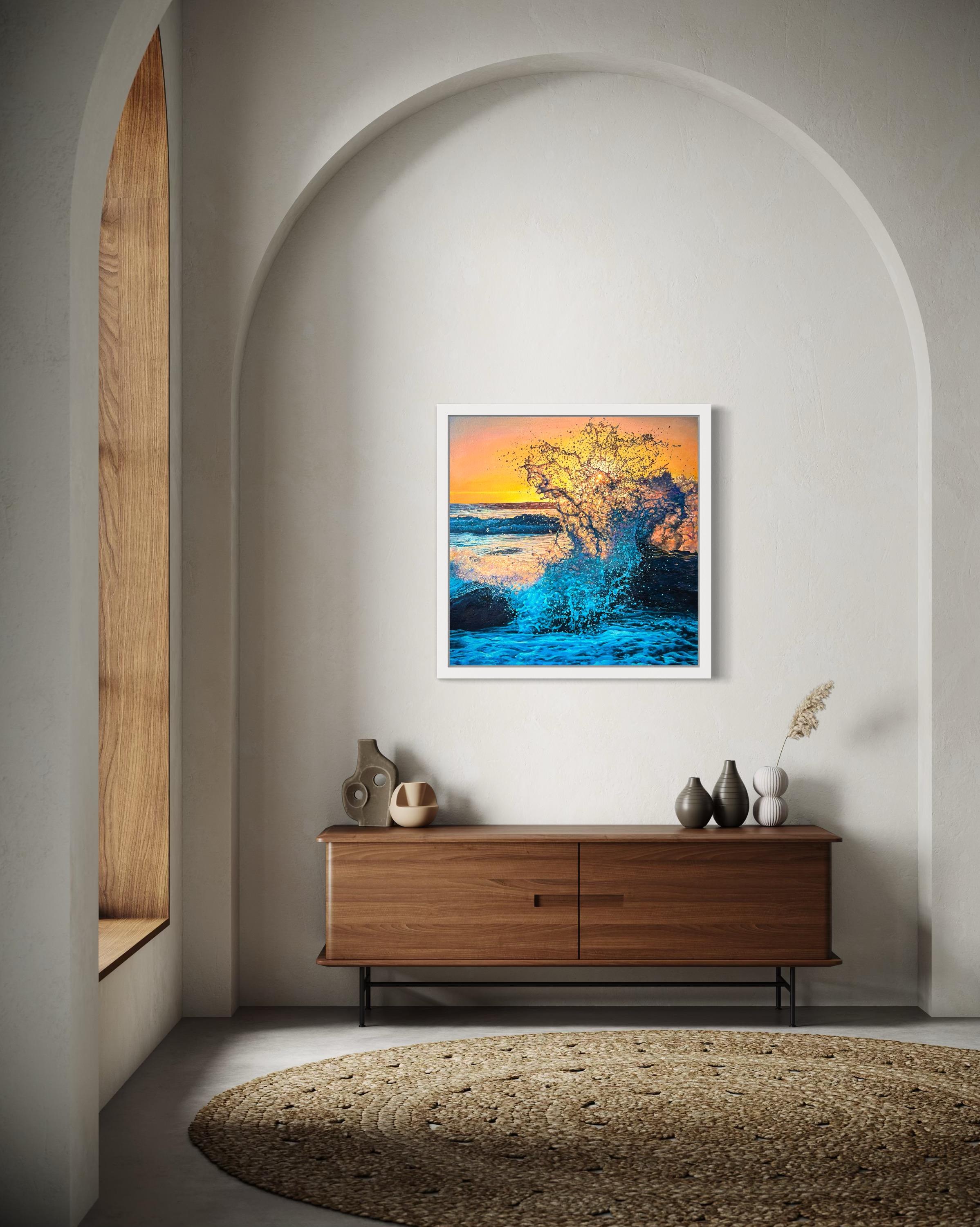 «Light of Hope» – Hyperrealism Ocean Splash Wave at Sunset Oil Painting For Sale 9