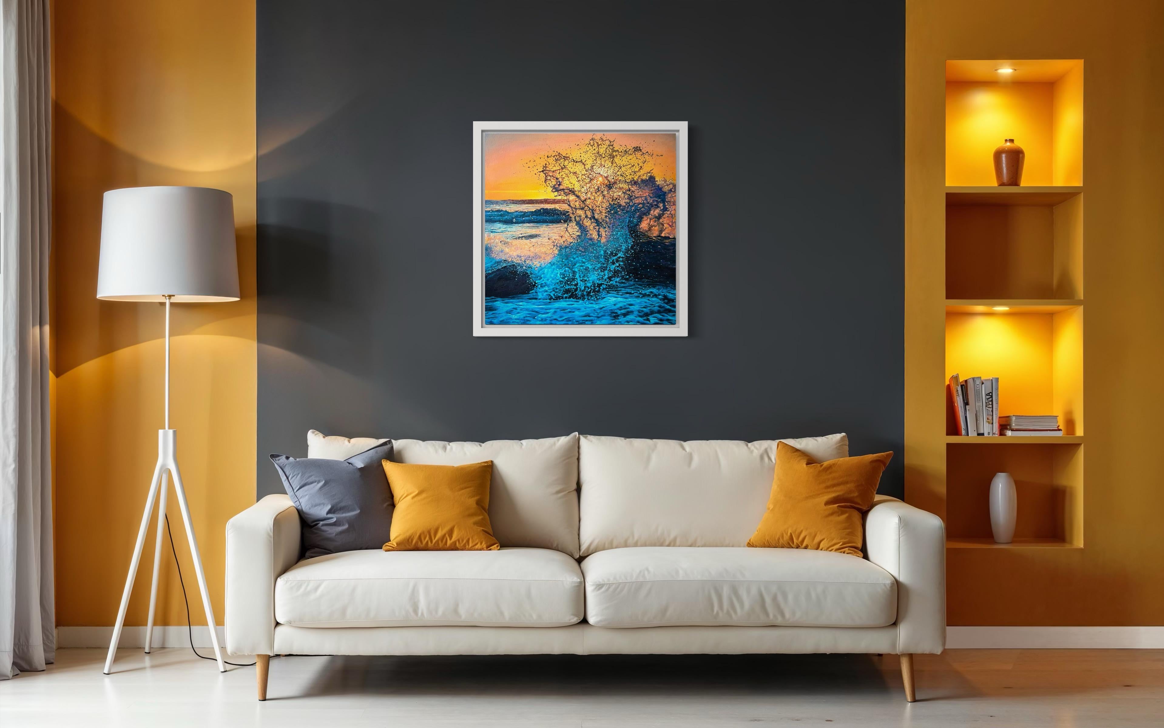 «Light of Hope» – Hyperrealism Ocean Splash Wave at Sunset Oil Painting For Sale 10