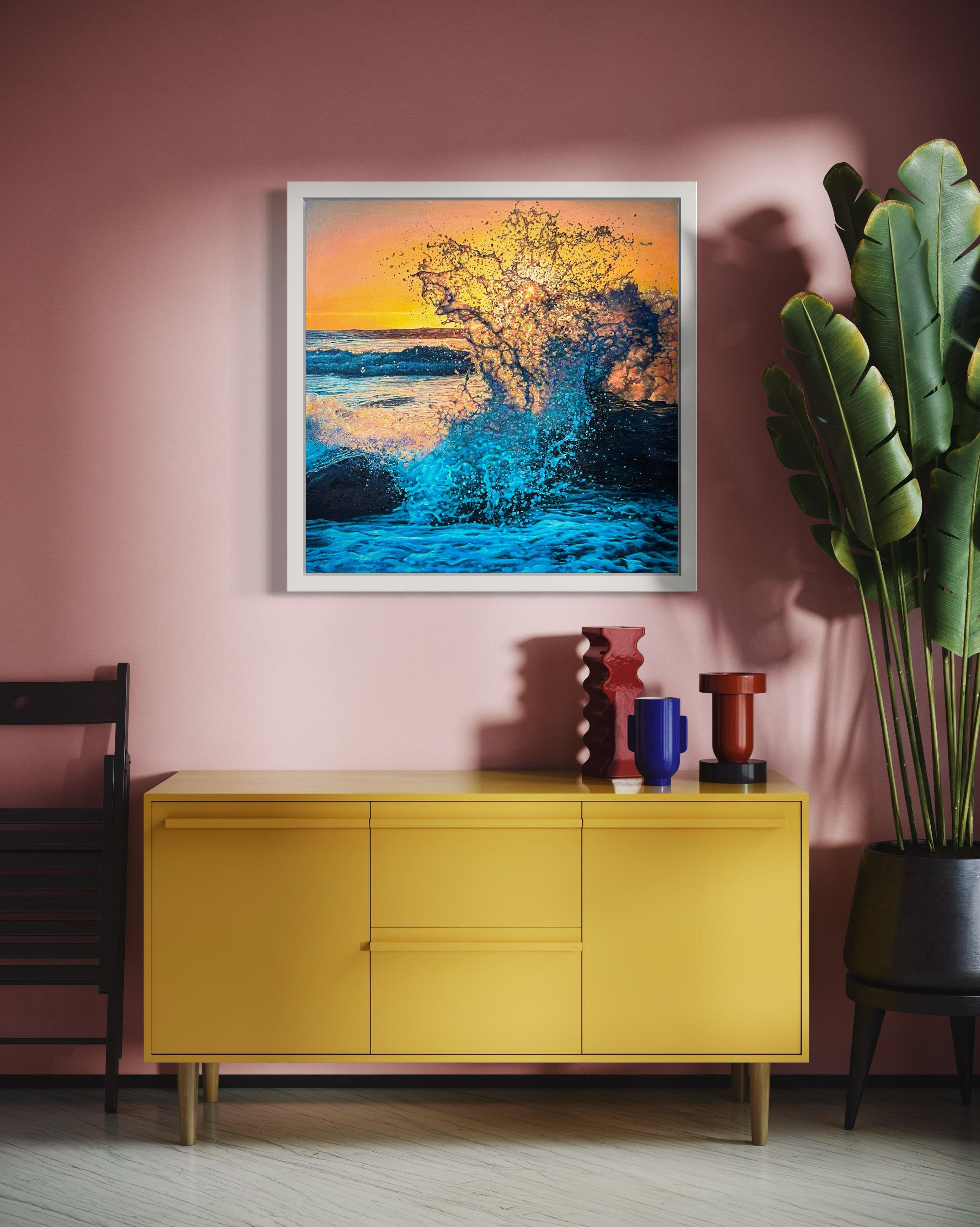 «Light of Hope» – Hyperrealism Ocean Splash Wave at Sunset Oil Painting For Sale 11