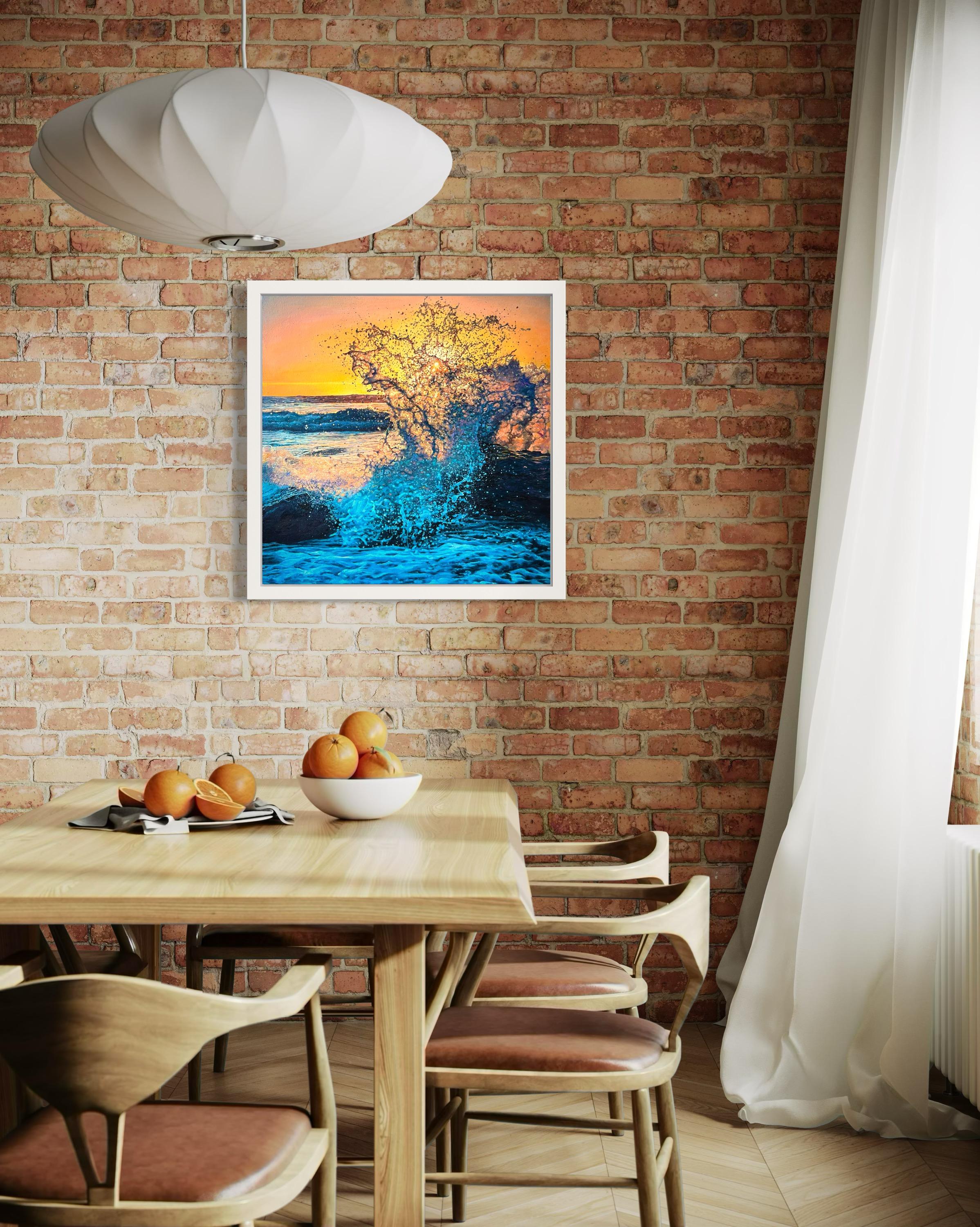«Light of Hope» – Hyperrealism Ocean Splash Wave at Sunset Oil Painting For Sale 12