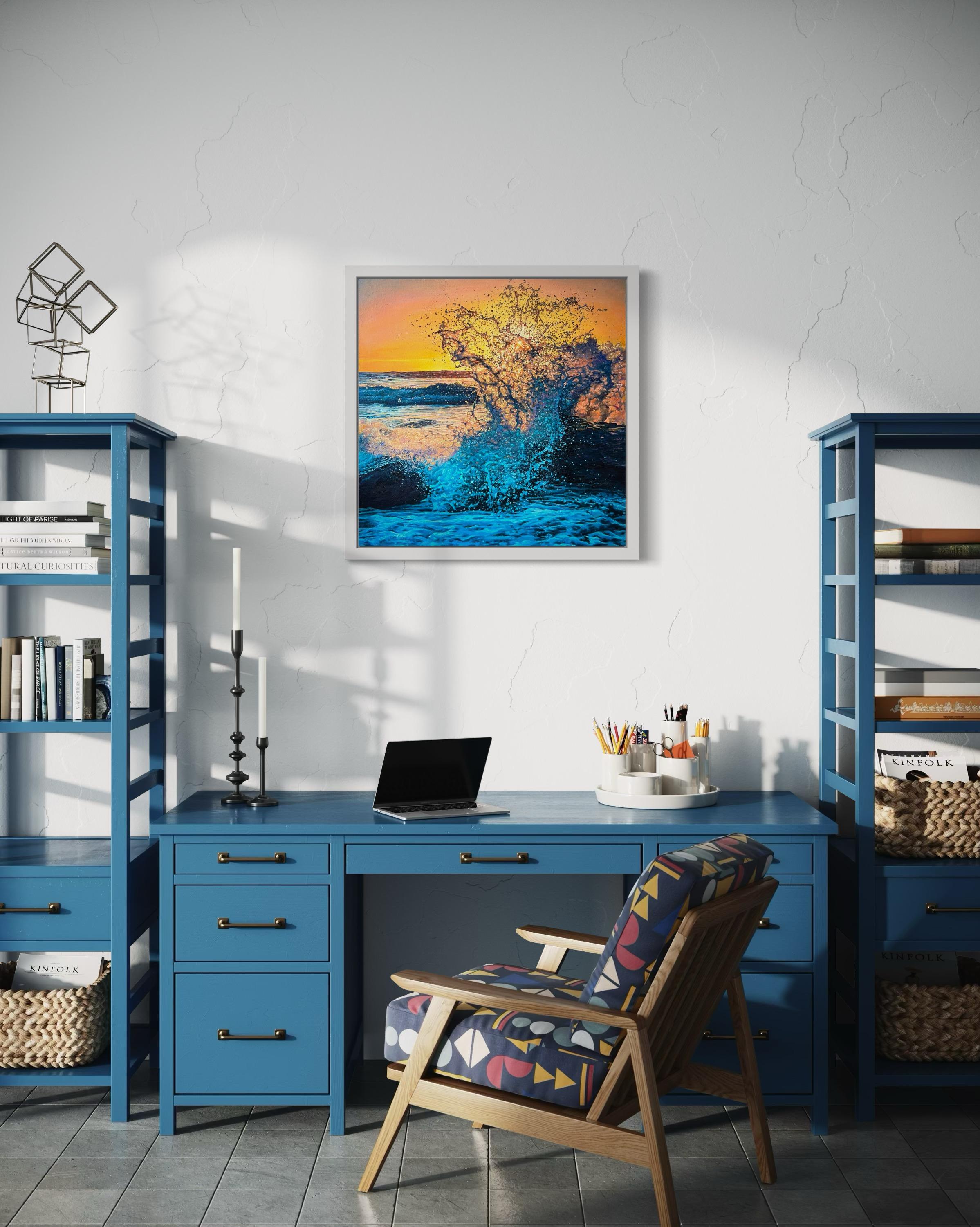 «Light of Hope» – Hyperrealism Ocean Splash Wave at Sunset Oil Painting For Sale 13