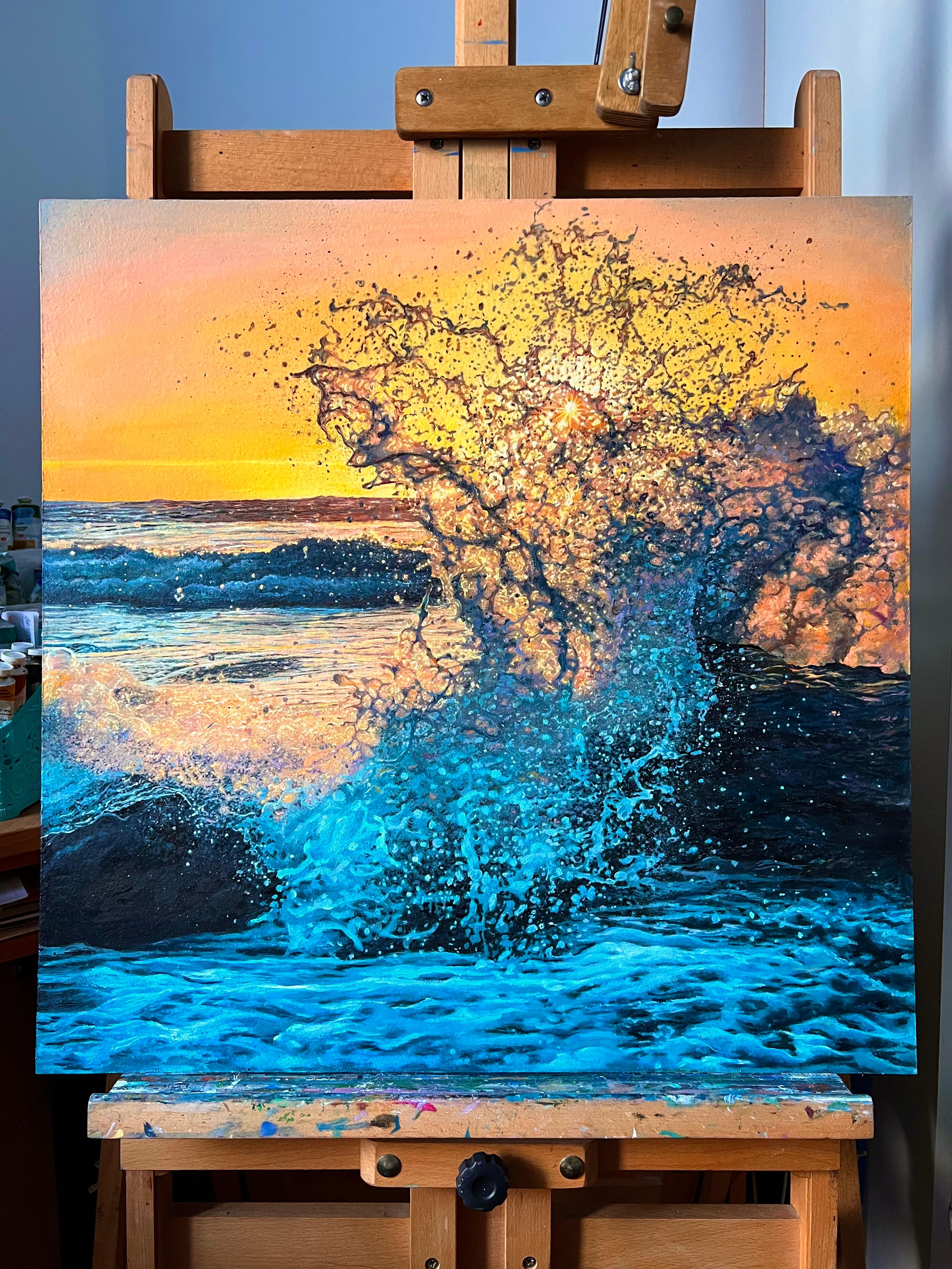 «Light of Hope» – Hyperrealism Ocean Splash Wave at Sunset Oil Painting For Sale 3