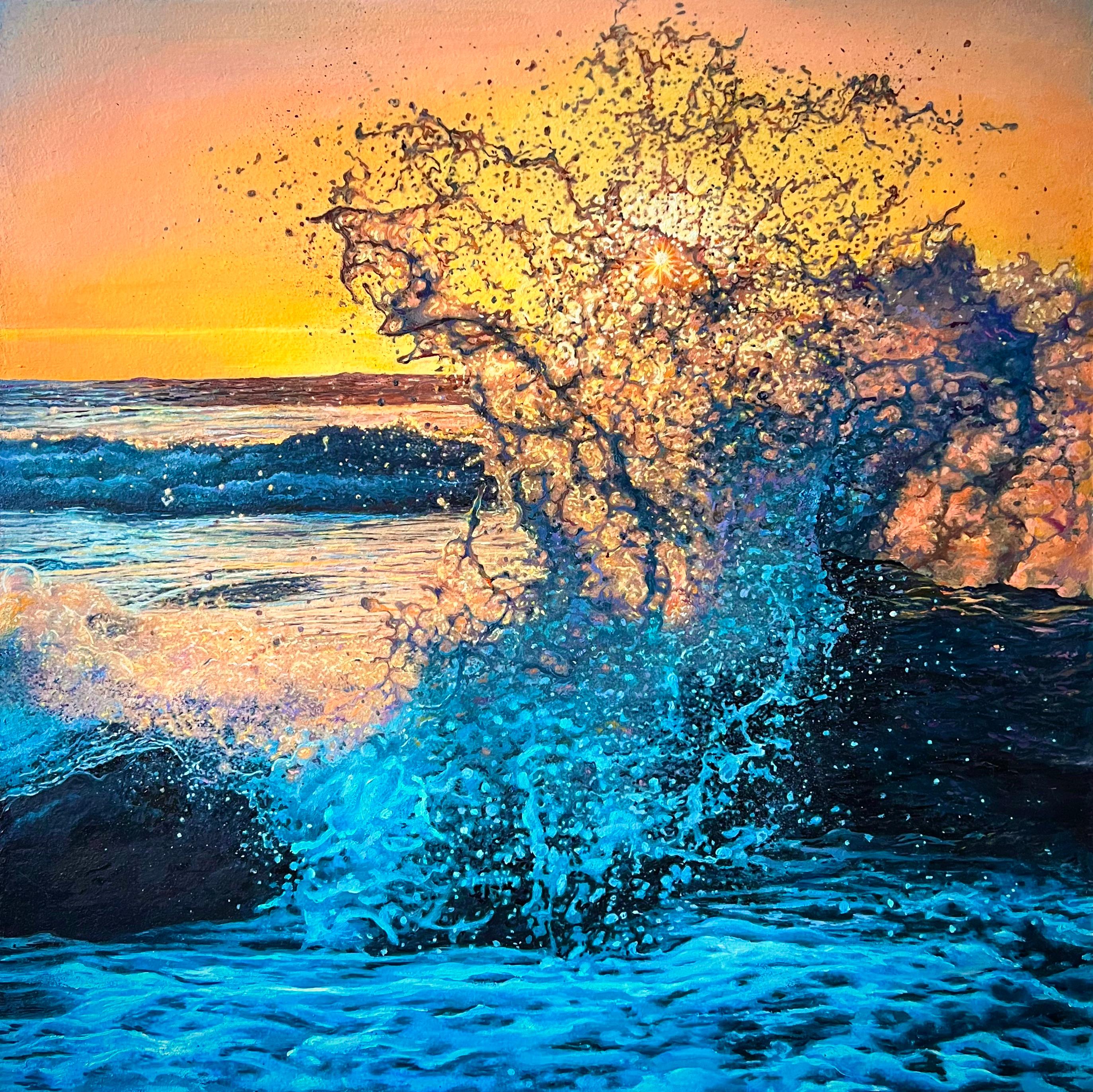 DARIA DUDOCHNYKOVA Landscape Painting - «Light of Hope» – Hyperrealism Ocean Splash Wave at Sunset Oil Painting