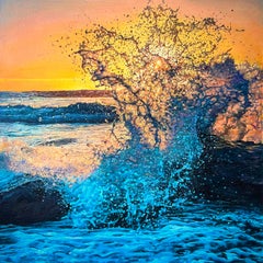 «Light of Hope» – Hyperrealism Ocean Splash Wave at Sunset Oil Painting