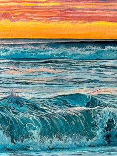 "Mare in fiamme" - Pittura ad olio iperrealistica con onde dell'oceano al tramonto
