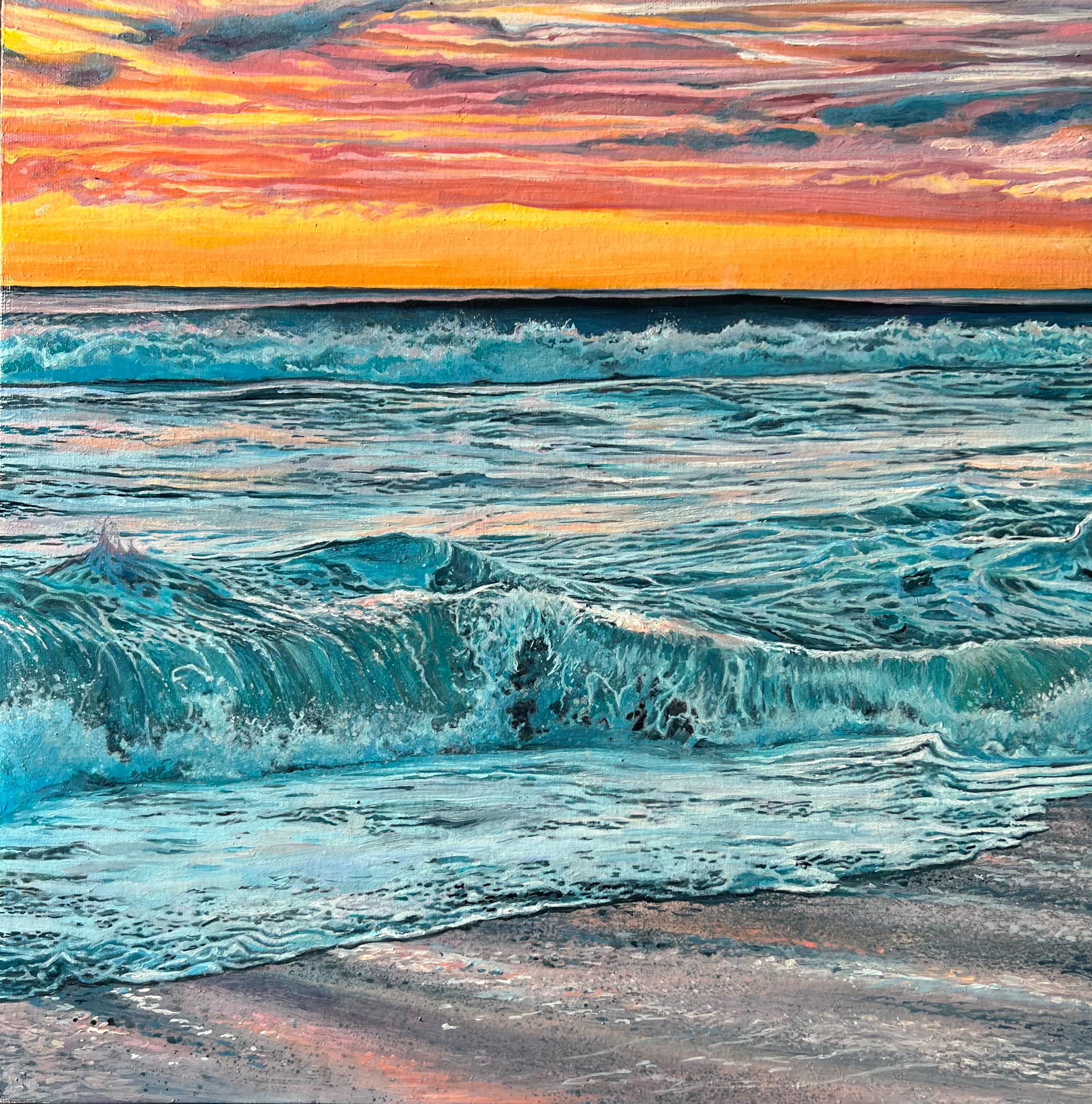 DARIA DUDOCHNYKOVA Landscape Painting – "Sea on Fire" - Hyperrealistisches Ölgemälde mit Meereswellen bei Sonnenuntergang