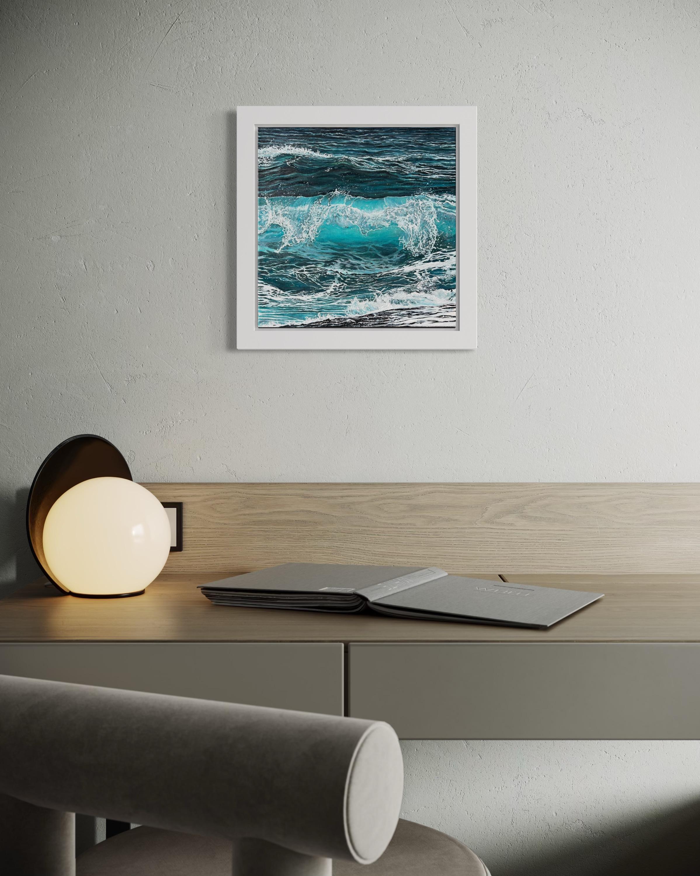«Splash of Silence» – Turquoise Wave Hyperrealism Oil Painting For Sale 7